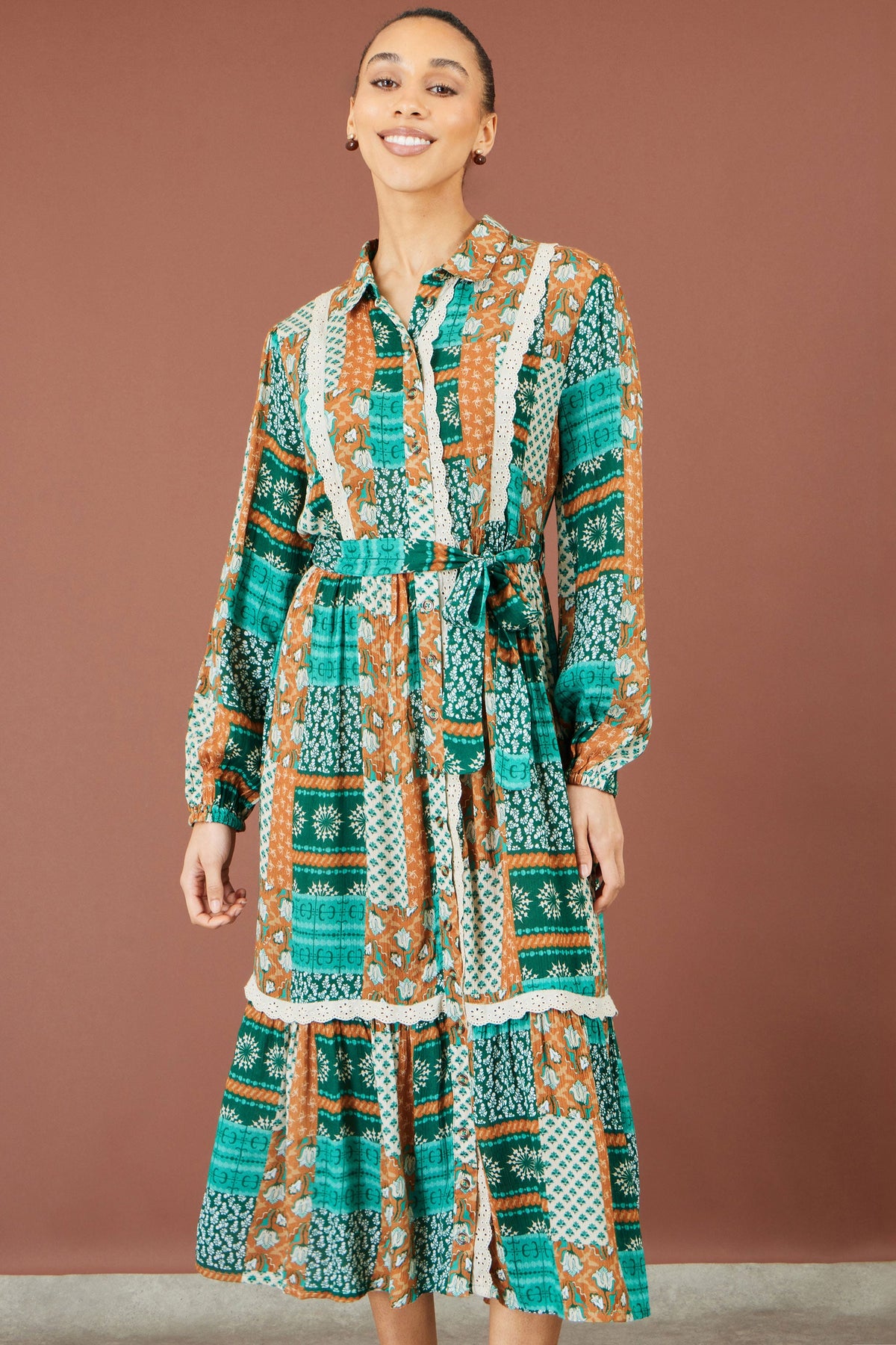 Yumi Multicolour Patchwork Viscose Midi Shirt Dress