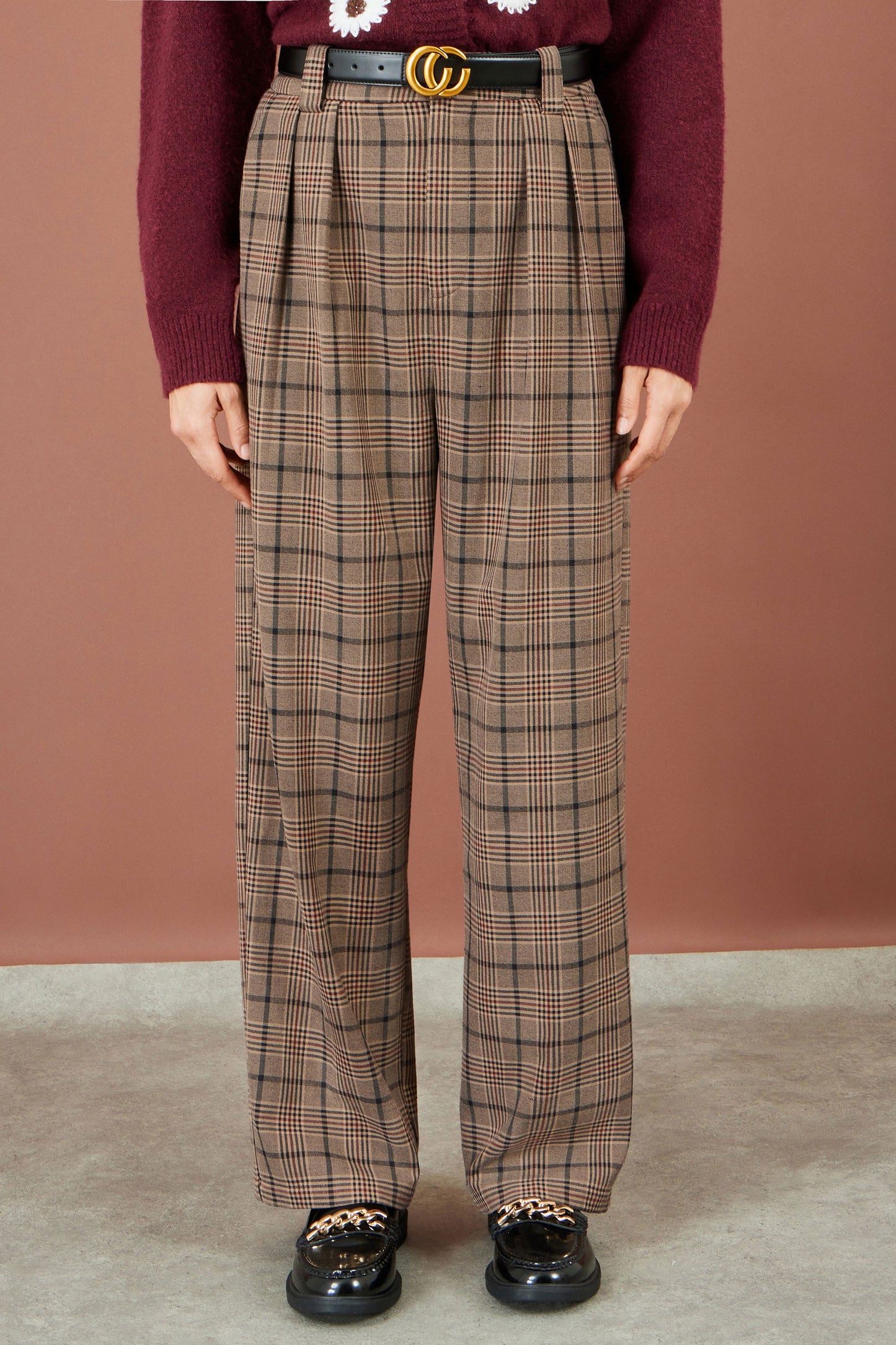 Yumi Brown Check Wide Leg Trousers