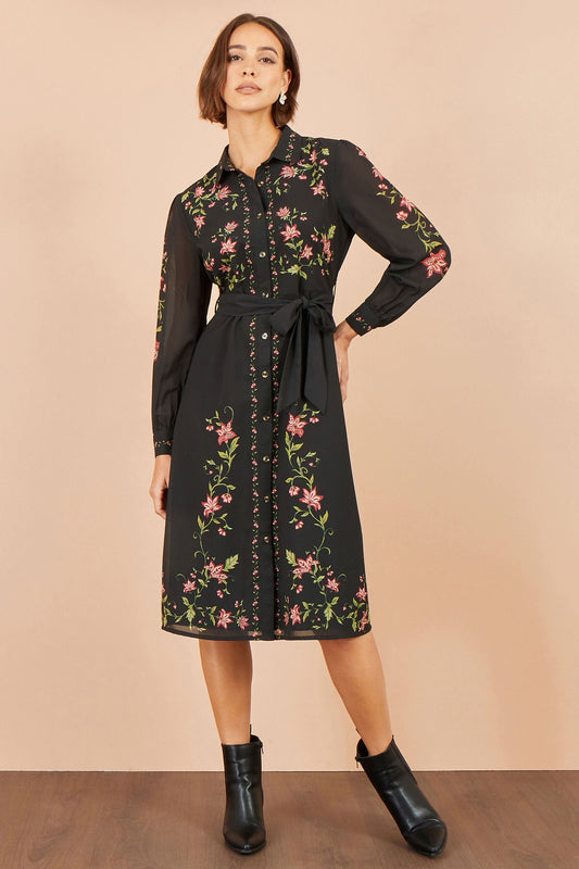Yumi Black Floral Placement Midi Shirt Dress