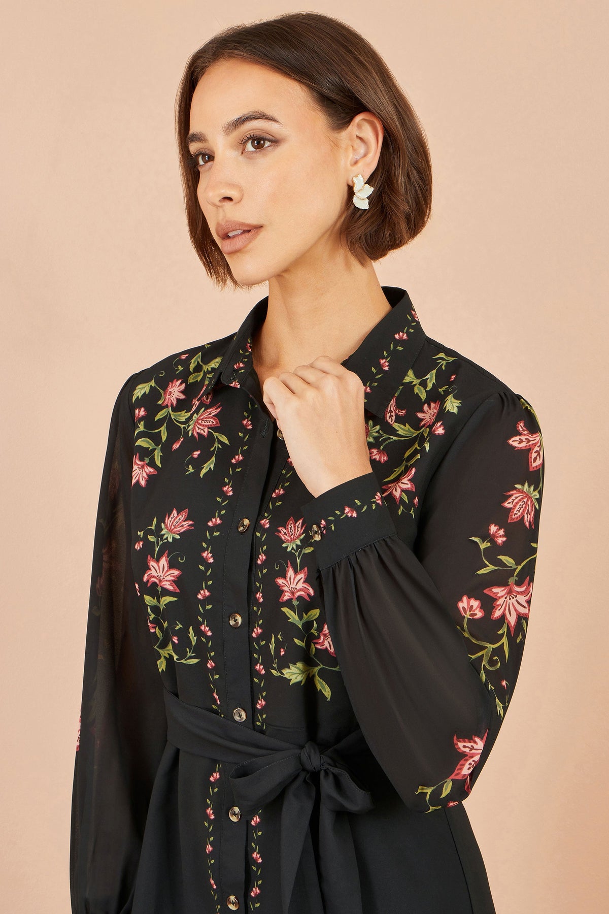Yumi Black Floral Placement Midi Shirt Dress