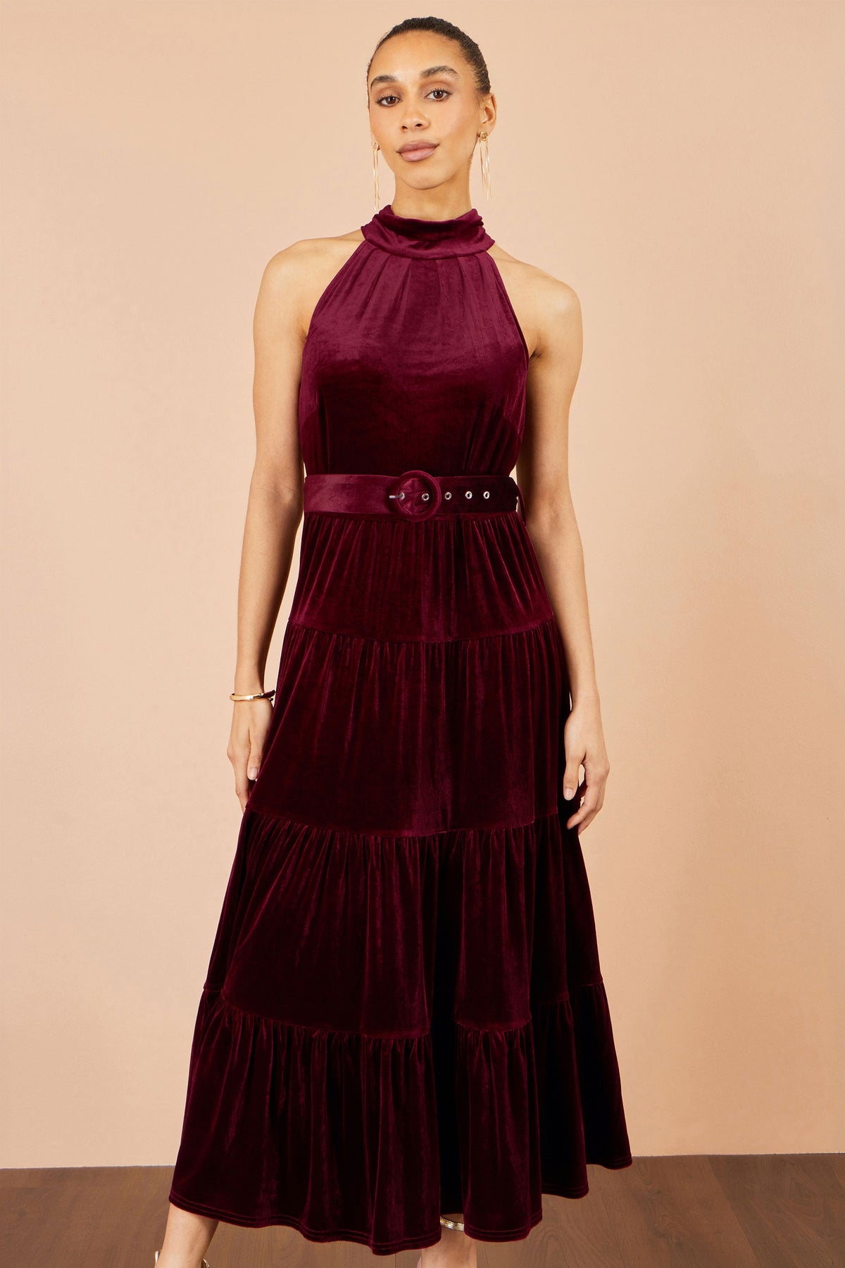 Yumi Burgundy Velvet Halter Maxi Dress With Belt