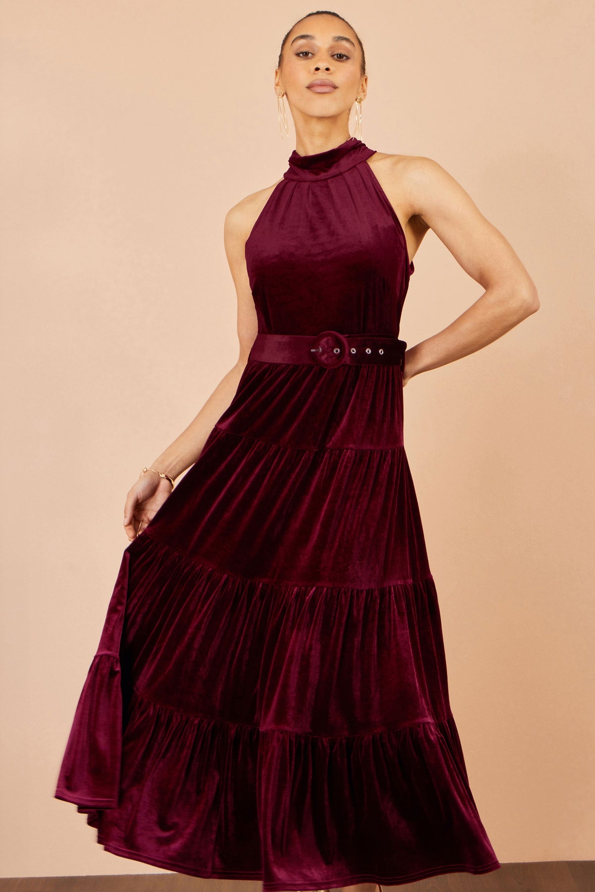 Yumi Burgundy Velvet Halter Maxi Dress With Belt