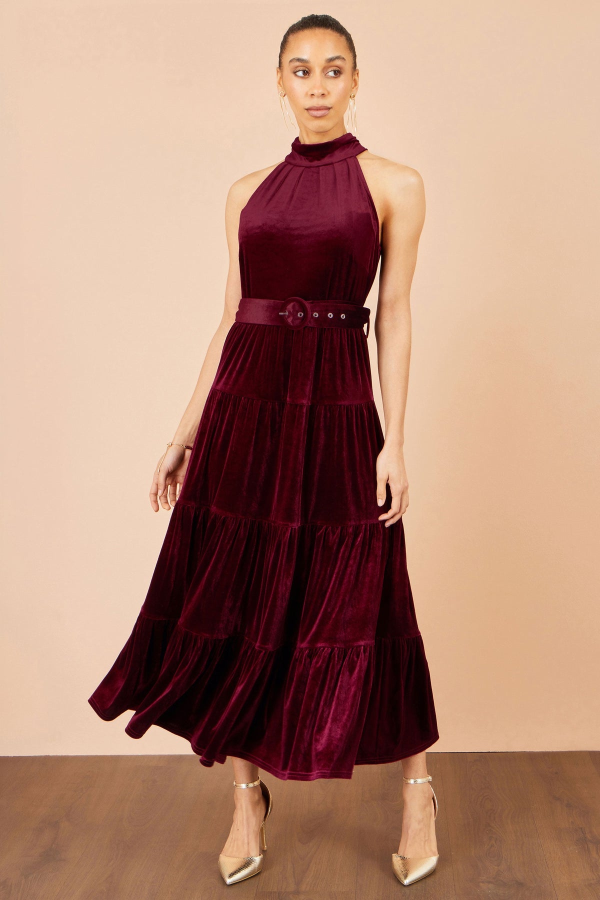 Yumi Burgundy Velvet Halter Maxi Dress With Belt