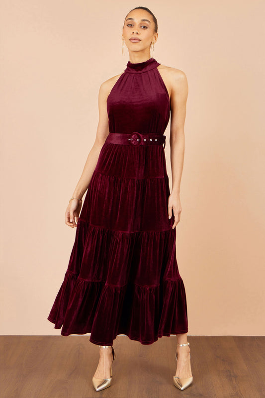 Yumi Burgundy Velvet Halter Maxi Dress With Belt