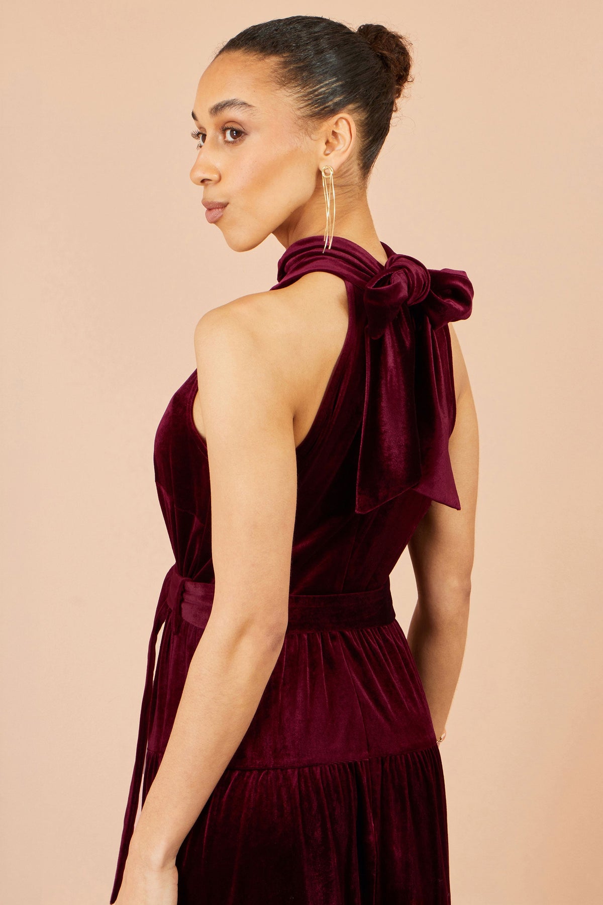 Yumi Burgundy Velvet Halter Maxi Dress With Belt