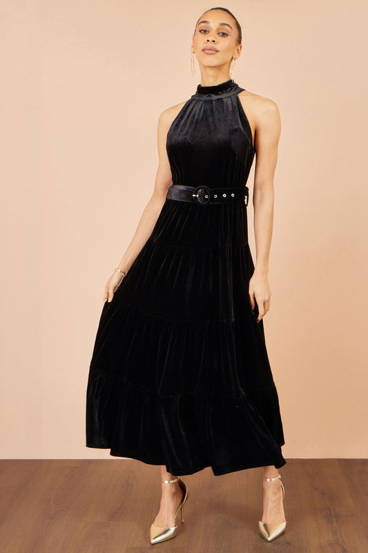Yumi Black Velvet Halter Maxi Dress With Belt