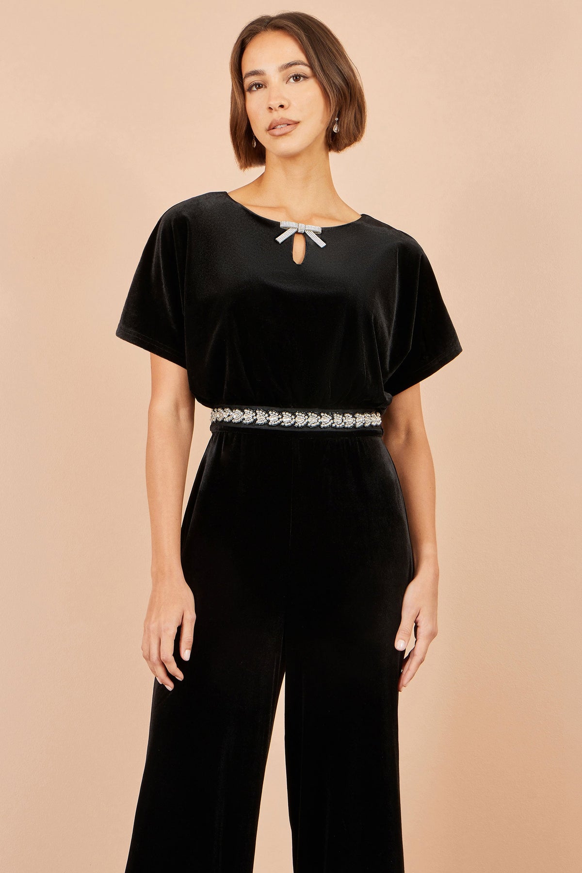 Yumi Black Velvet Jumpsuit With Diamante Embellishment