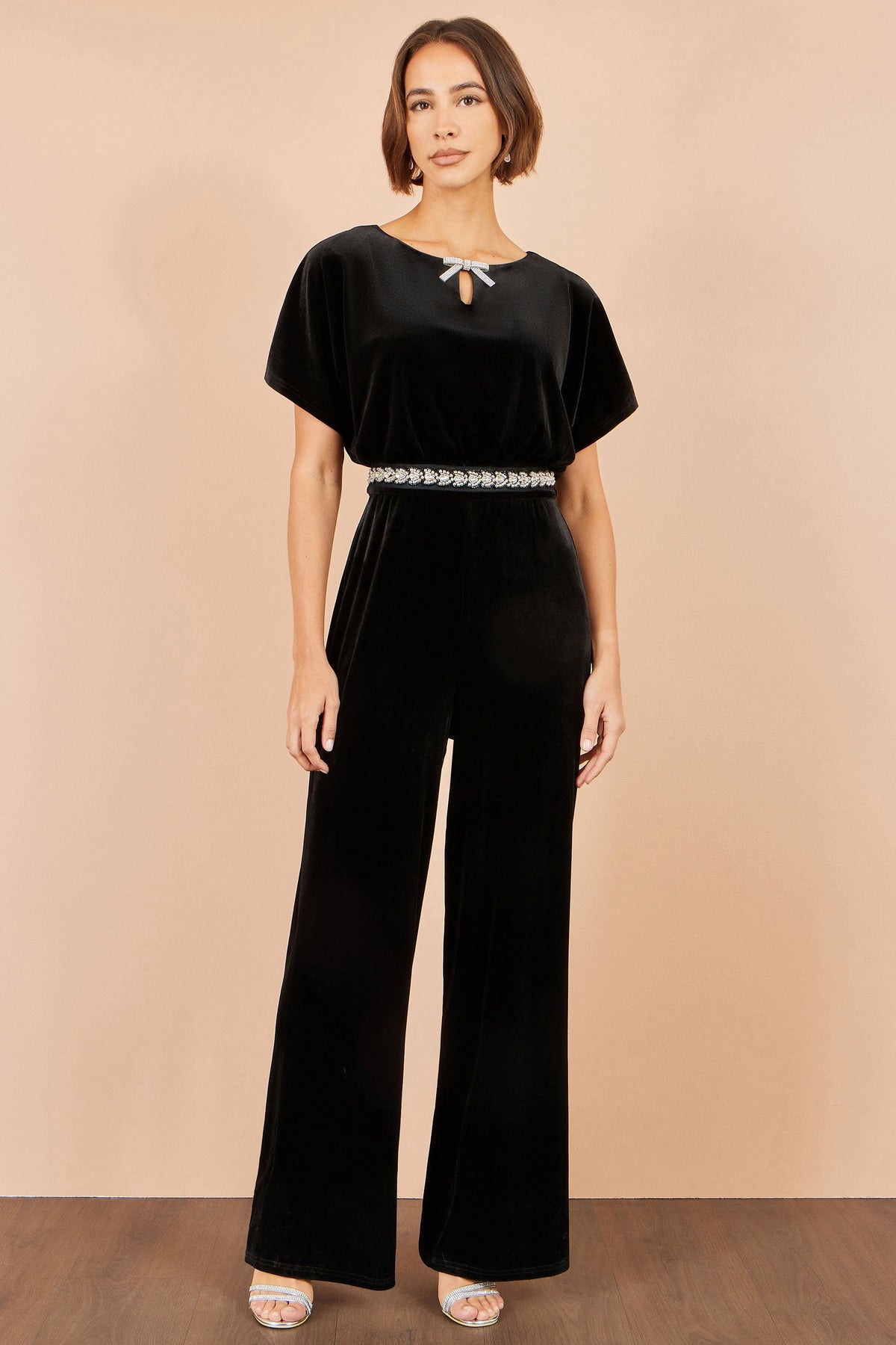 Yumi Black Velvet Jumpsuit With Diamante Embellishment