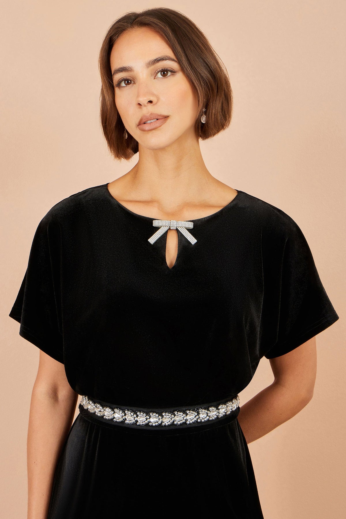 Yumi Black Velvet Jumpsuit With Diamante Embellishment