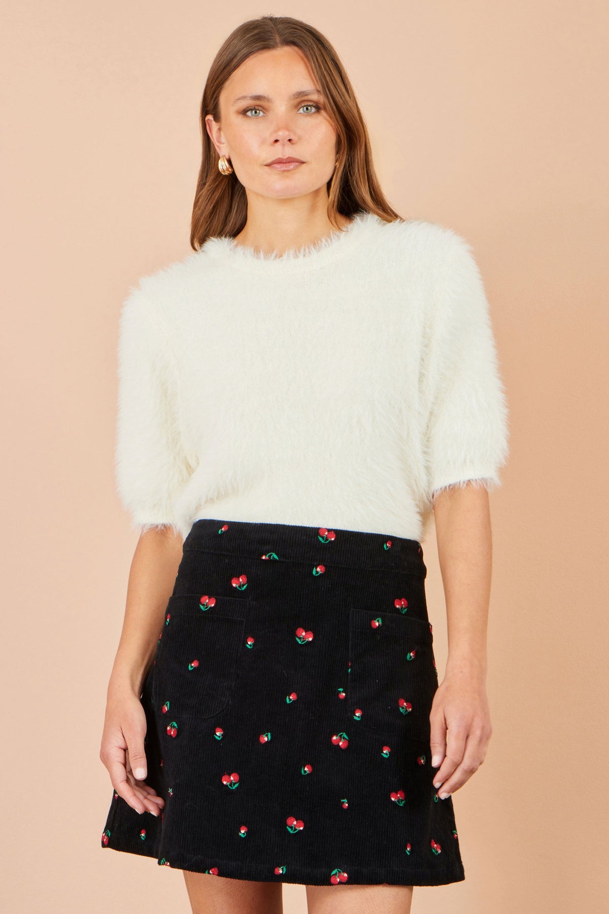 Yumi Black Cherry Embroidered Cord Mini Skirt
