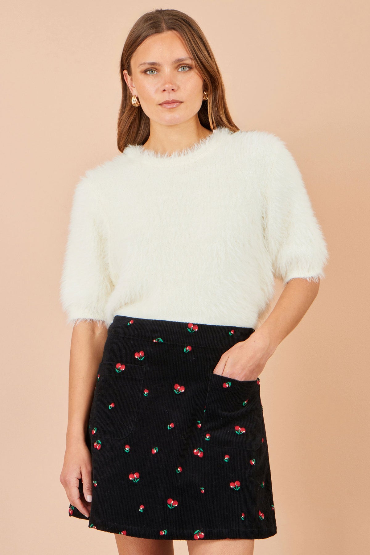 Yumi Black Cherry Embroidered Cord Mini Skirt