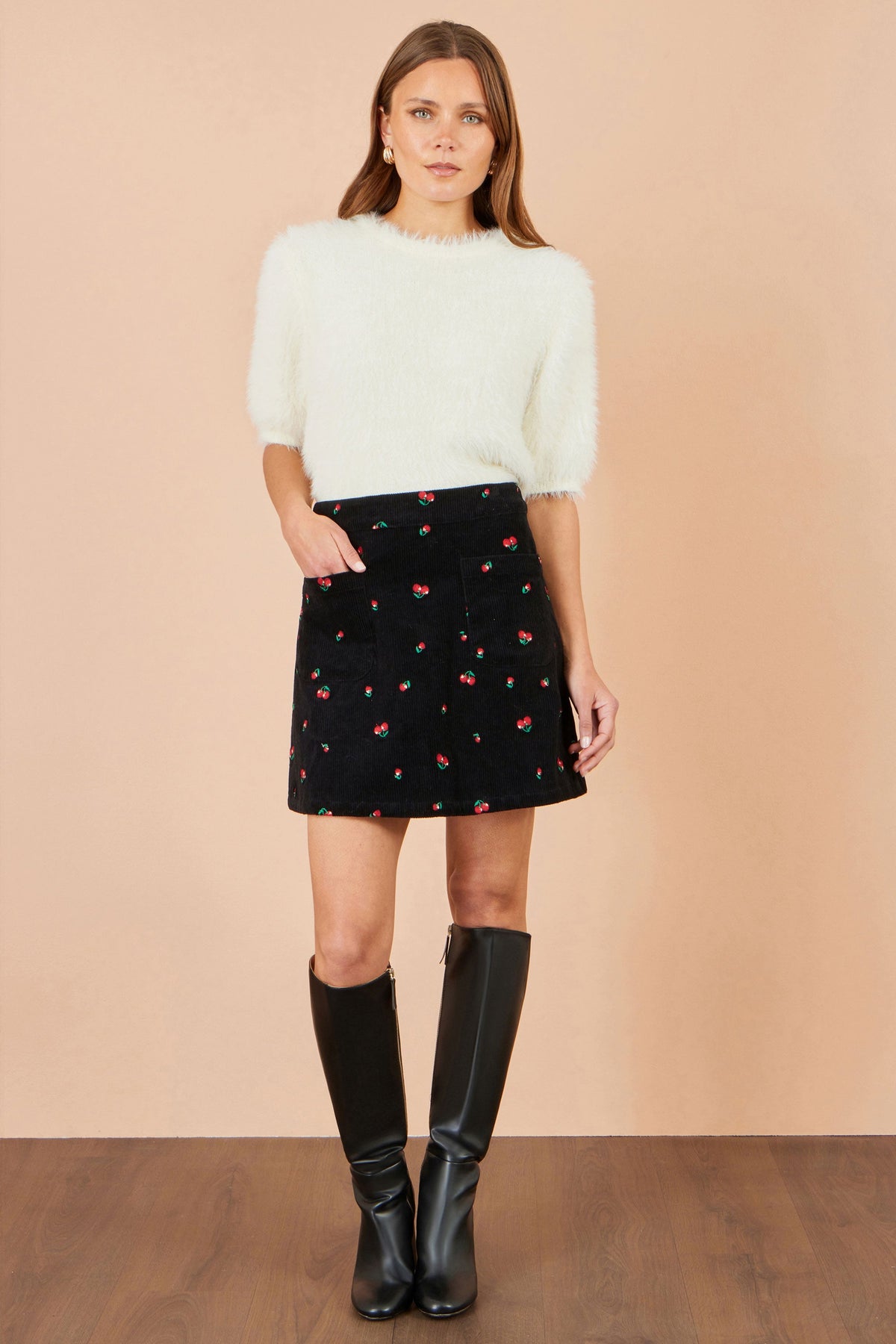 Yumi Black Cherry Embroidered Cord Mini Skirt