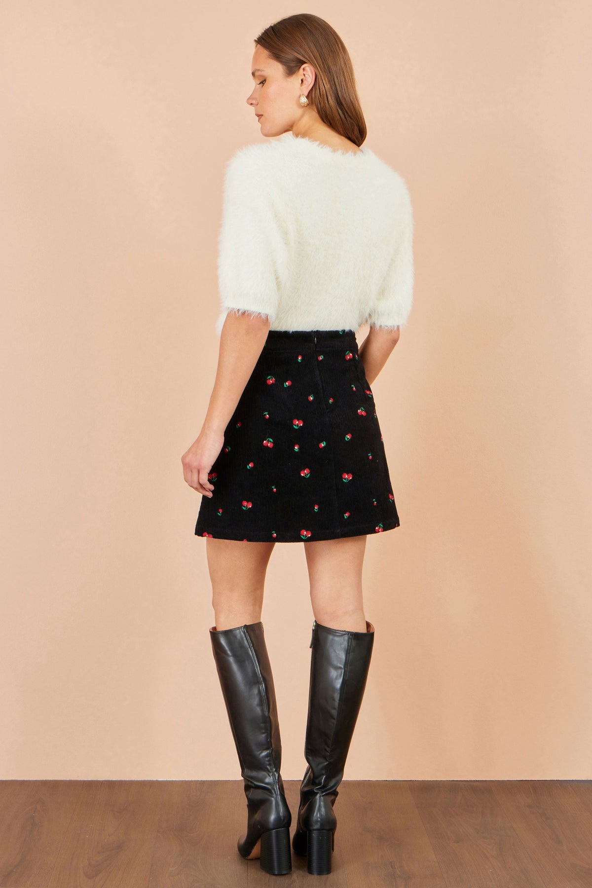 Yumi Black Cherry Embroidered Cord Mini Skirt