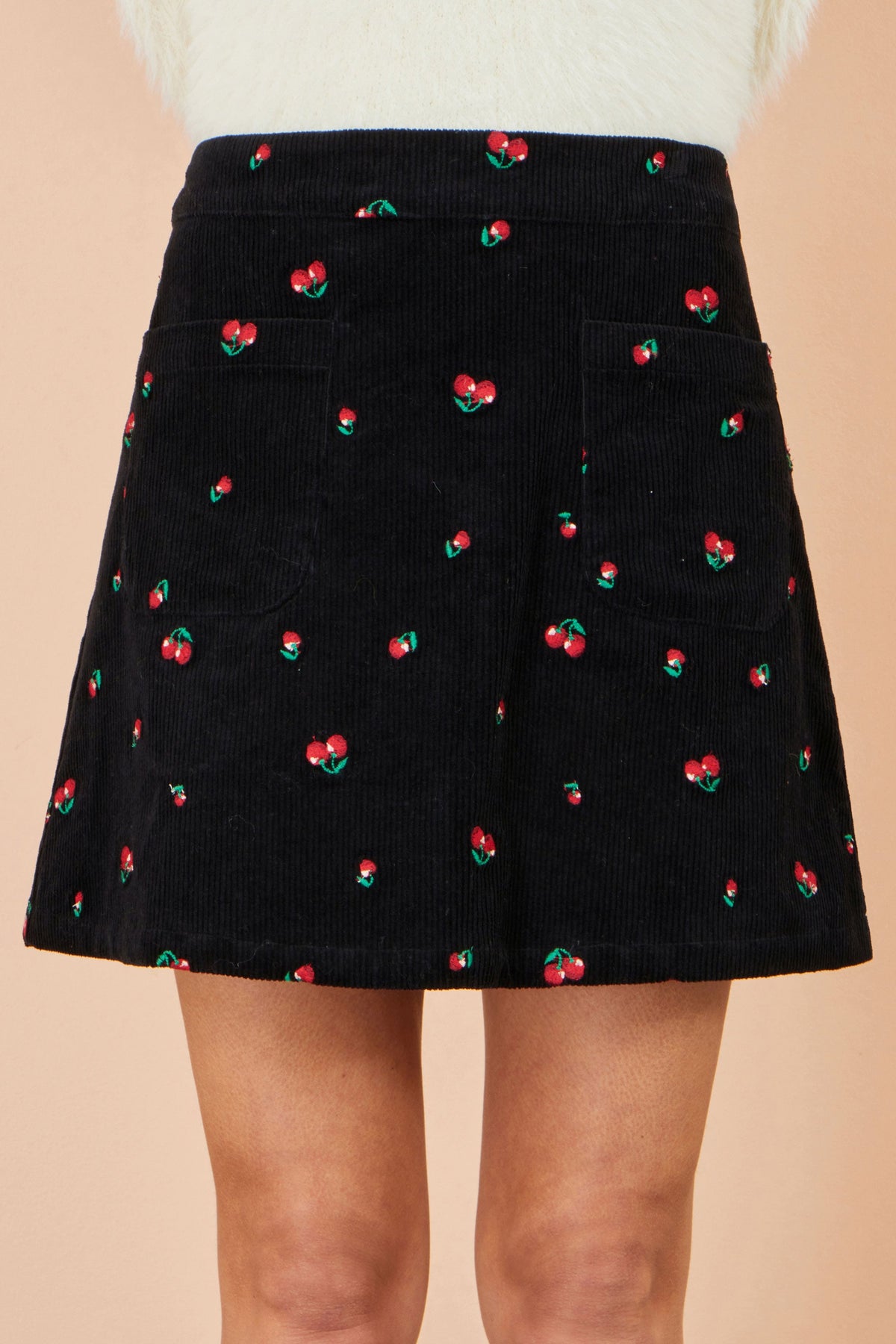 Yumi Black Cherry Embroidered Cord Mini Skirt