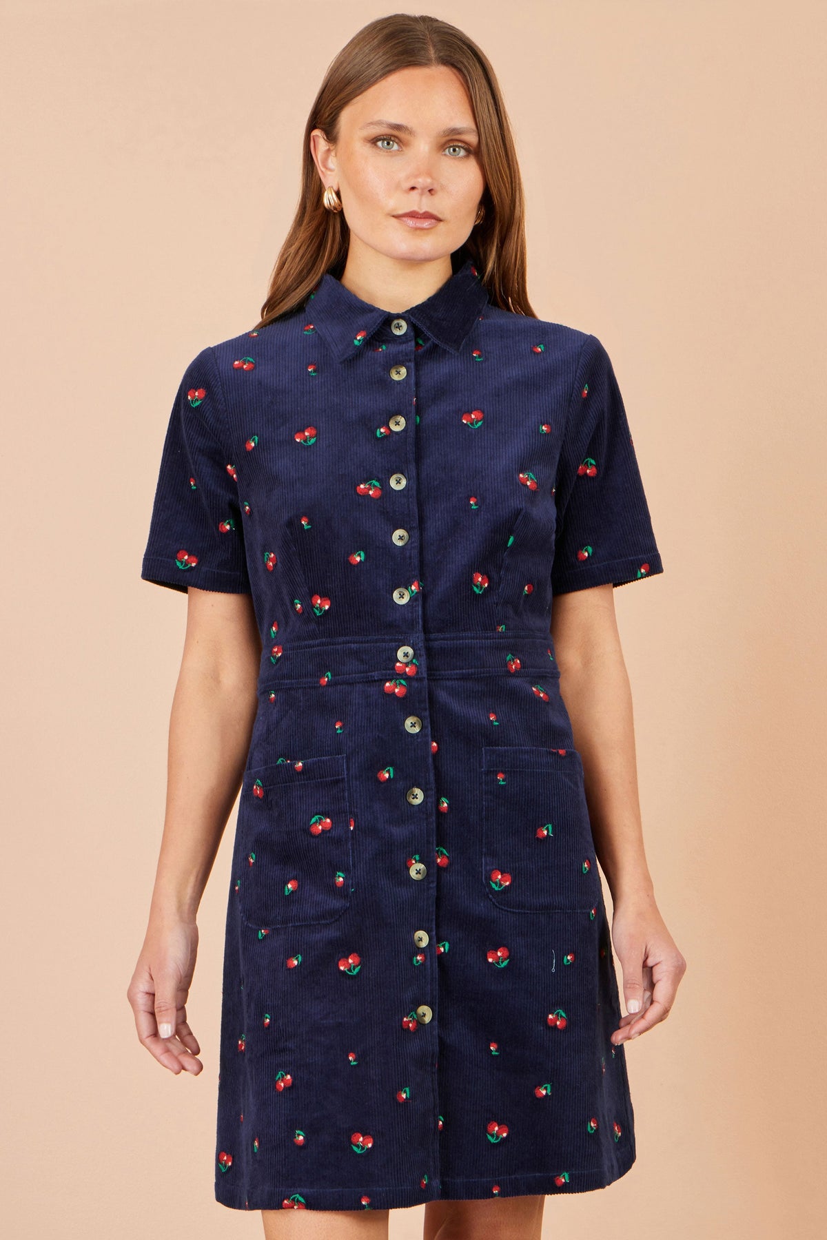 Yumi Navy Embroidered Cherry Shirt Dress