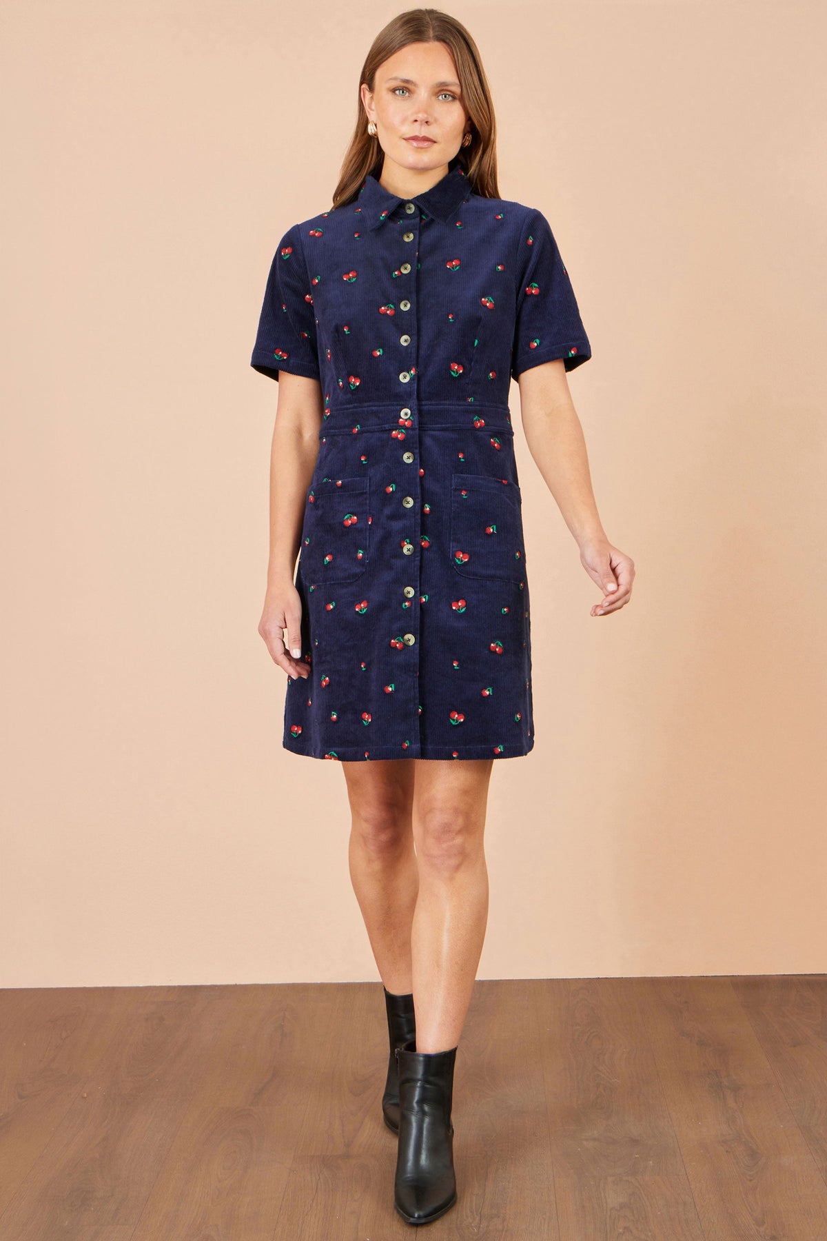 Yumi Navy Embroidered Cherry Shirt Dress