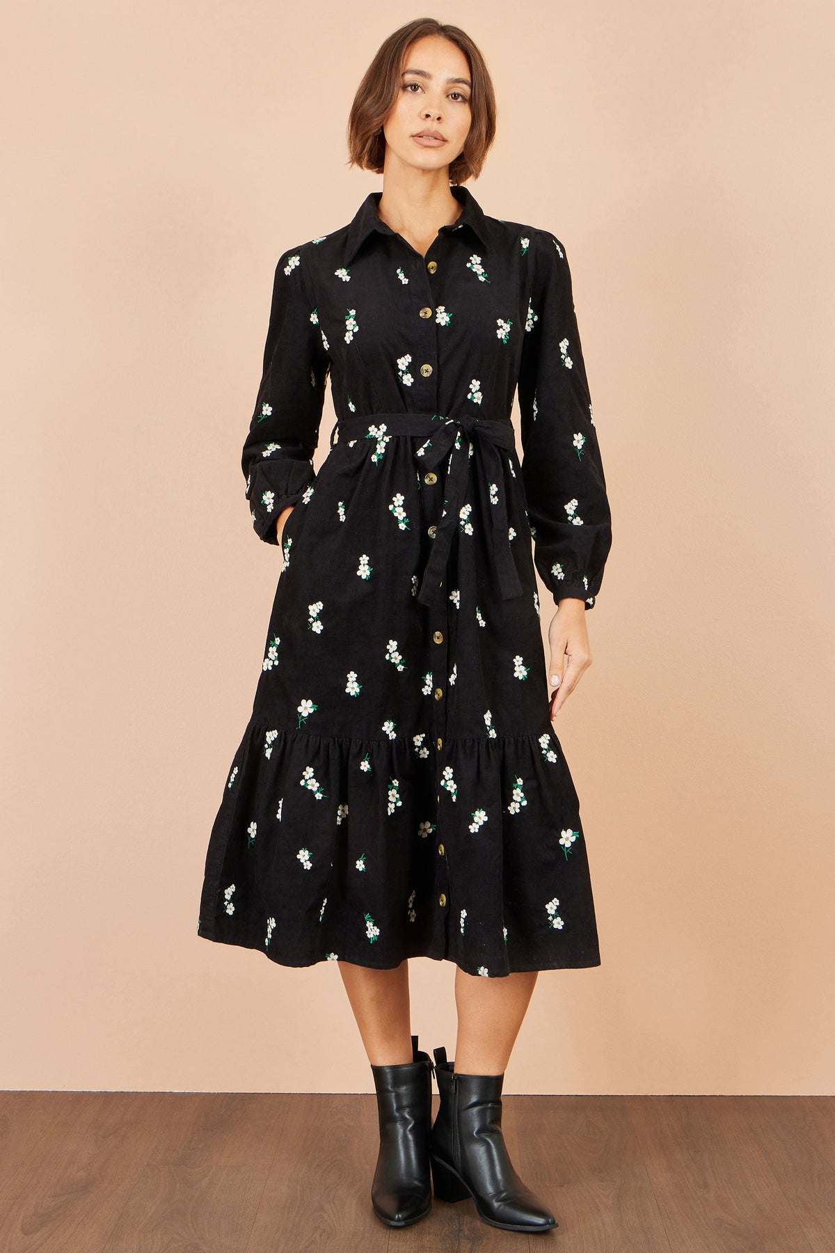 Yumi Black Daisy Embroidered Cord Shirt Dress