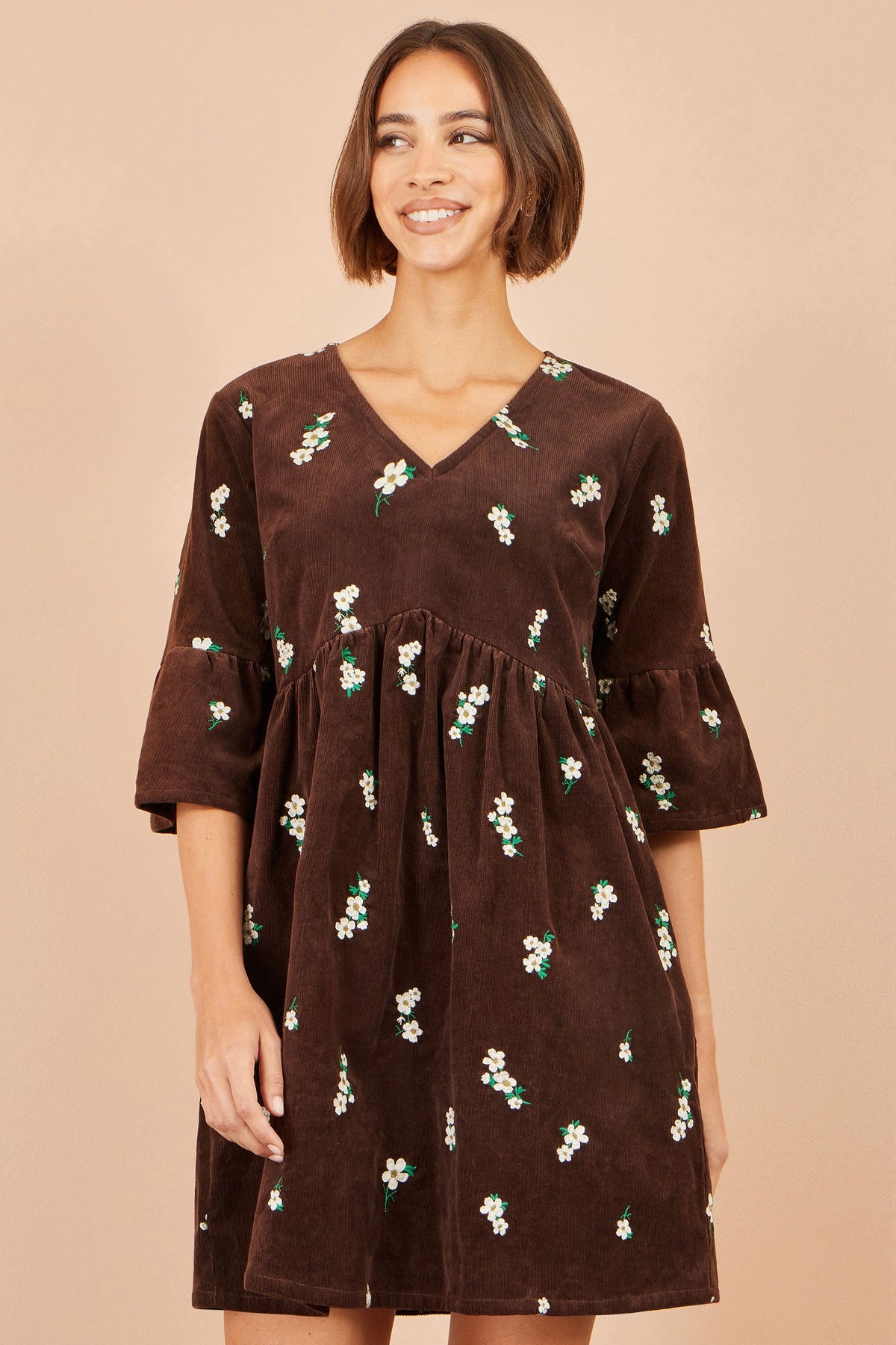 Yumi Brown Embroidered Daisy Cord Dress