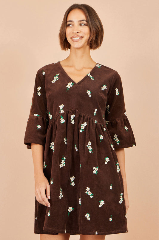Yumi Brown Embroidered Daisy Cord Dress