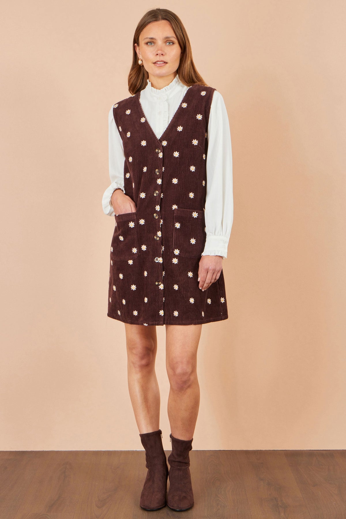 Yumi Brown Embroidered Daisy Pinafore Dress