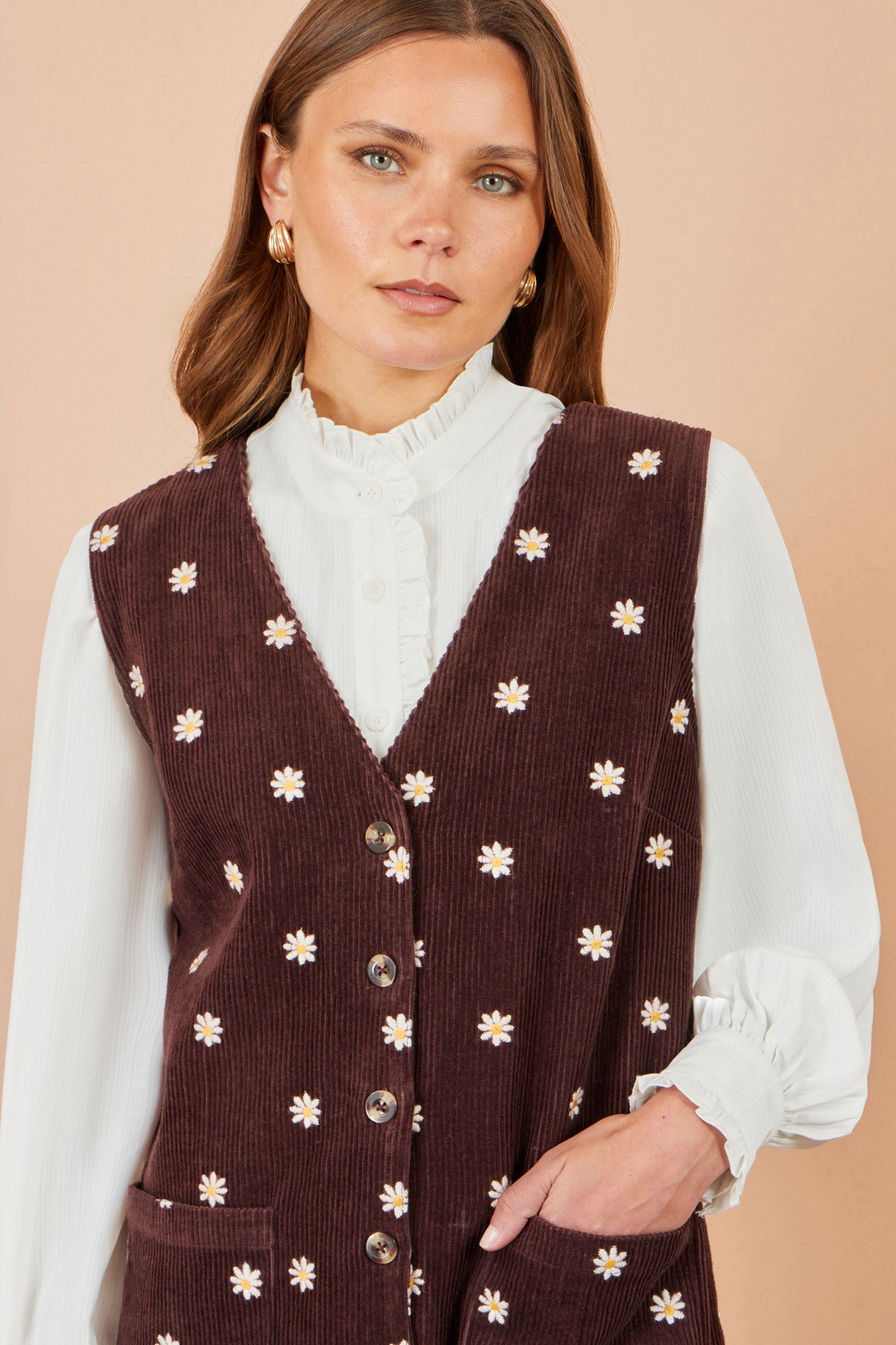 Yumi Brown Embroidered Daisy Pinafore Dress