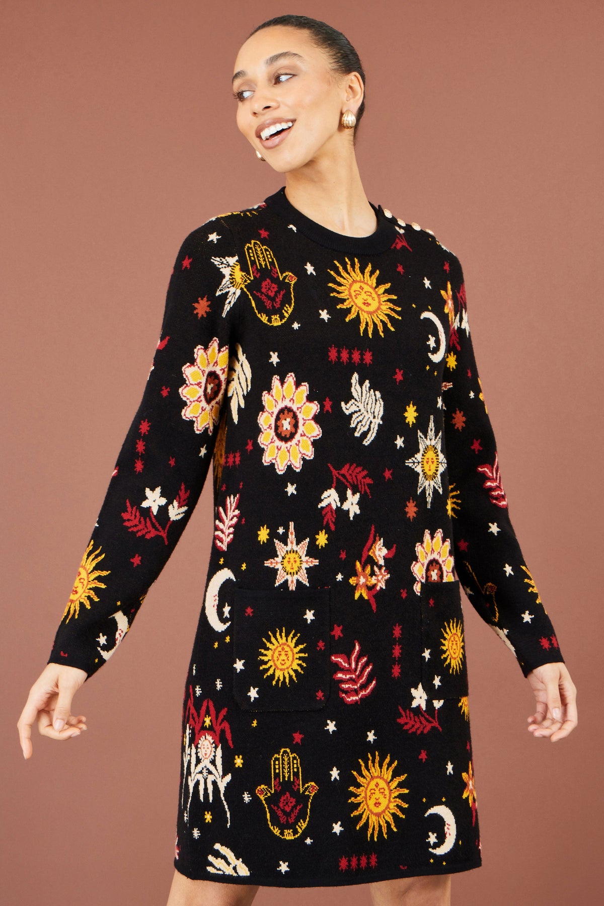 Yumi Black Cosmic Intarsia Knitted Tunic Dress