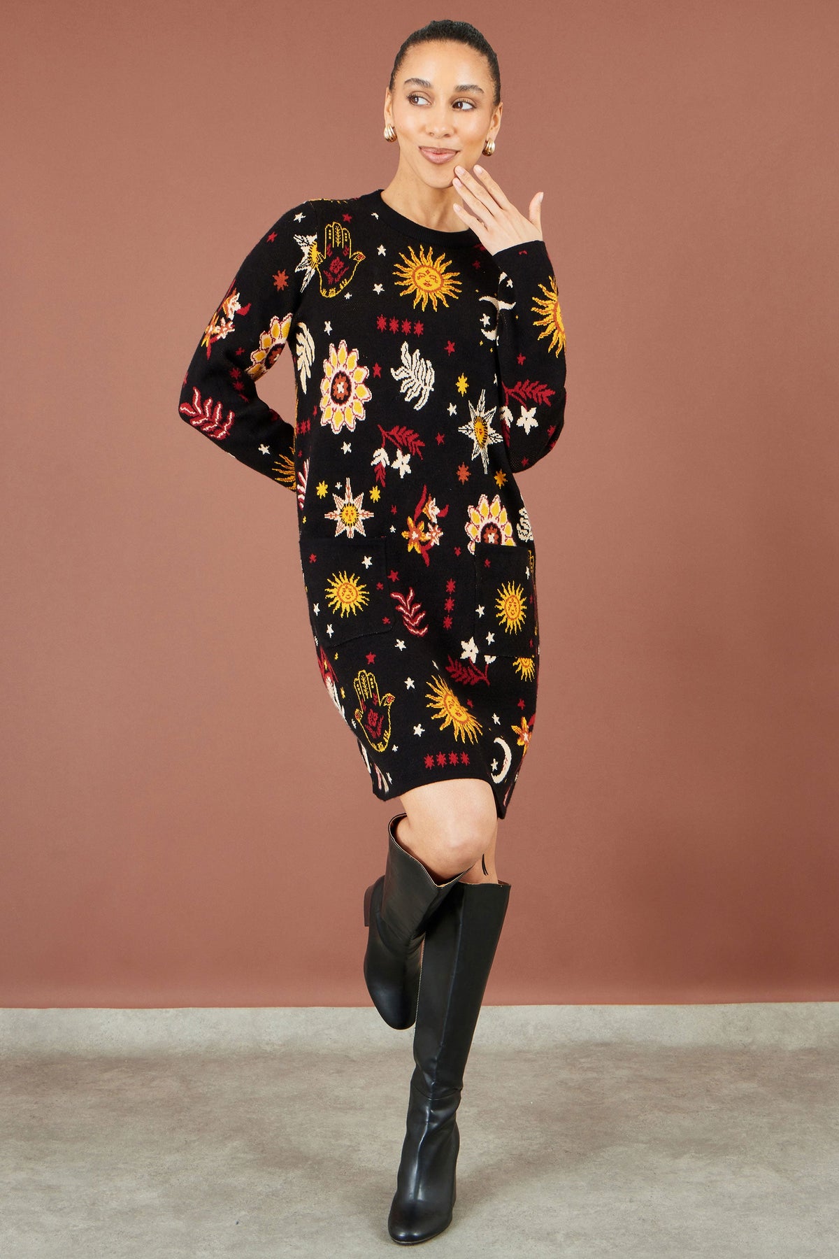 Yumi Black Cosmic Intarsia Knitted Tunic Dress
