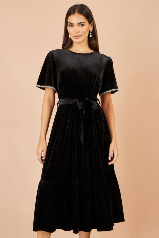 Yumi Black Velvet Midi Dress With Embellished Sleeve