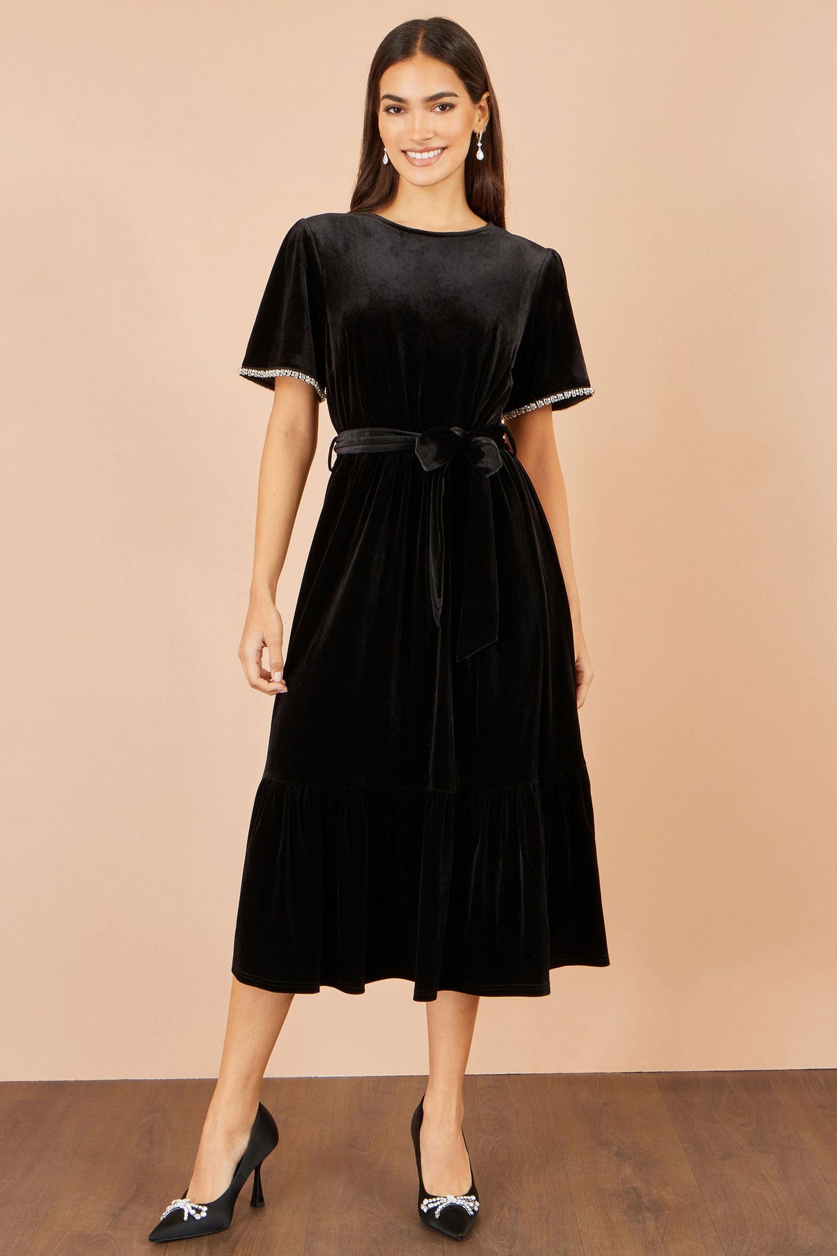 Yumi Black Velvet Midi Dress With Embellished Sleeve