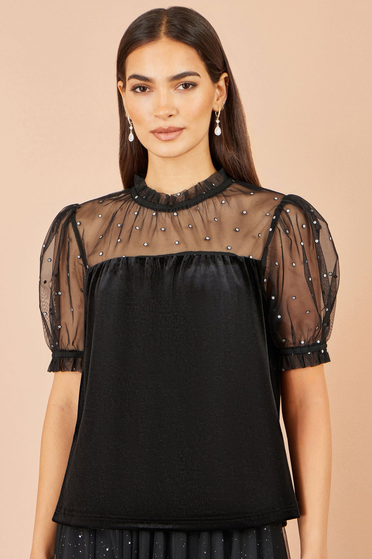 Yumi Black Velvet Mesh Embellished Top
