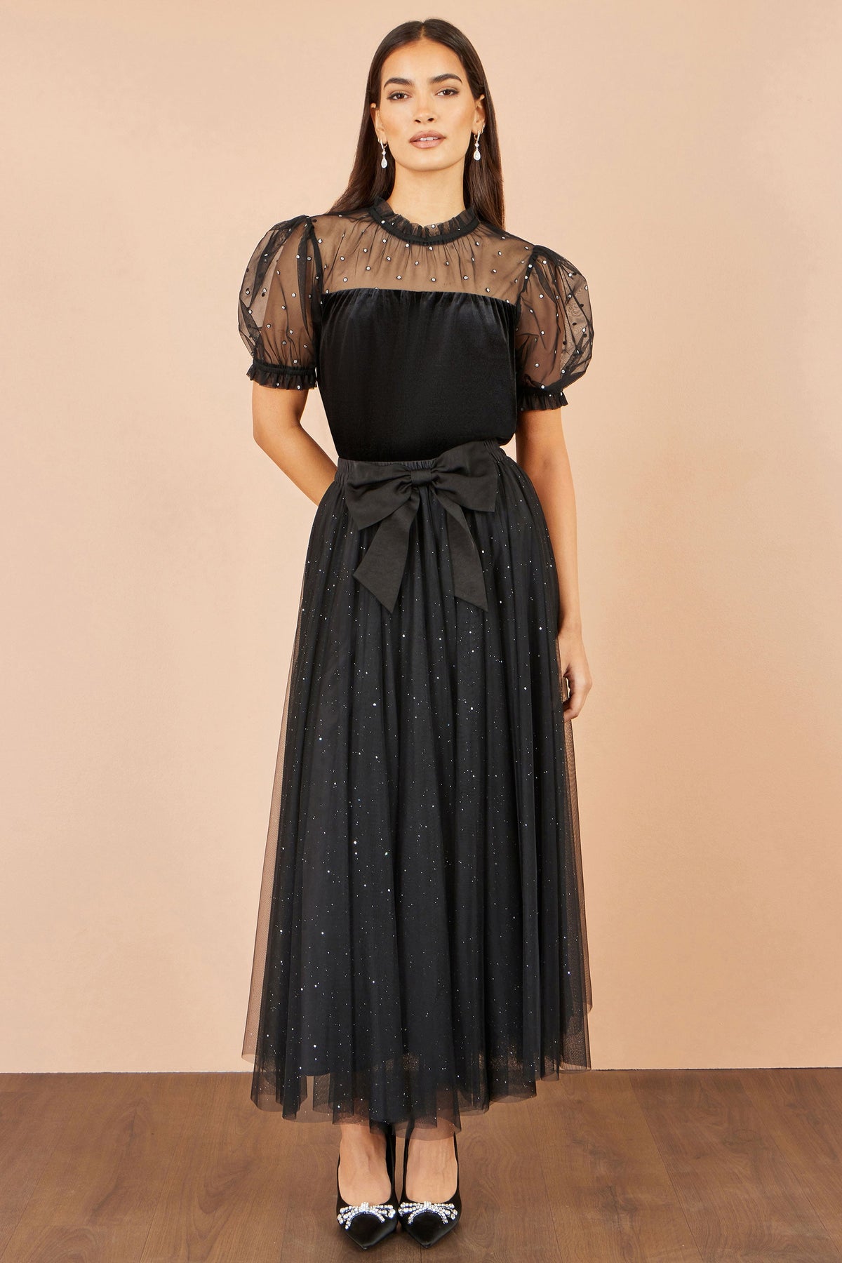 Yumi Black Velvet Mesh Embellished Top