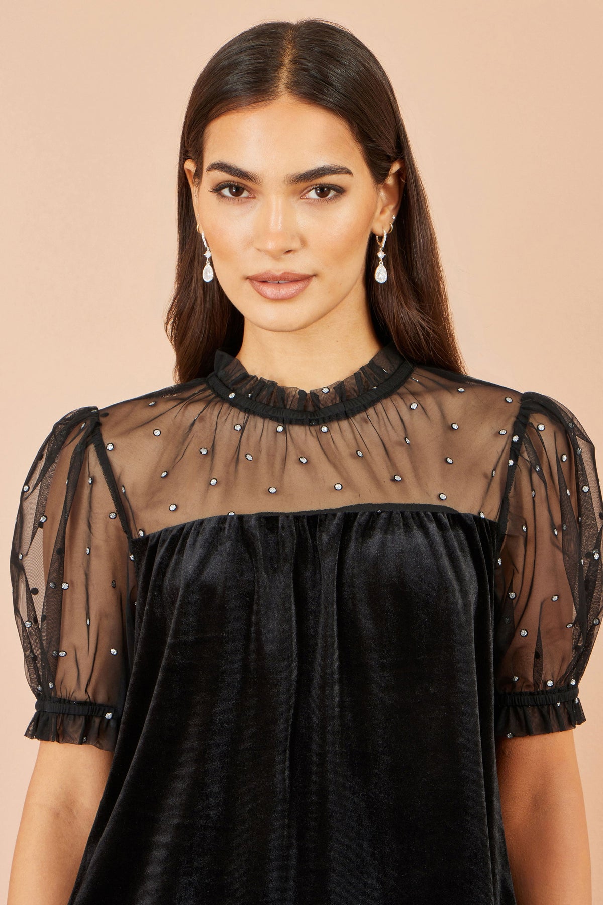 Yumi Black Velvet Mesh Embellished Top