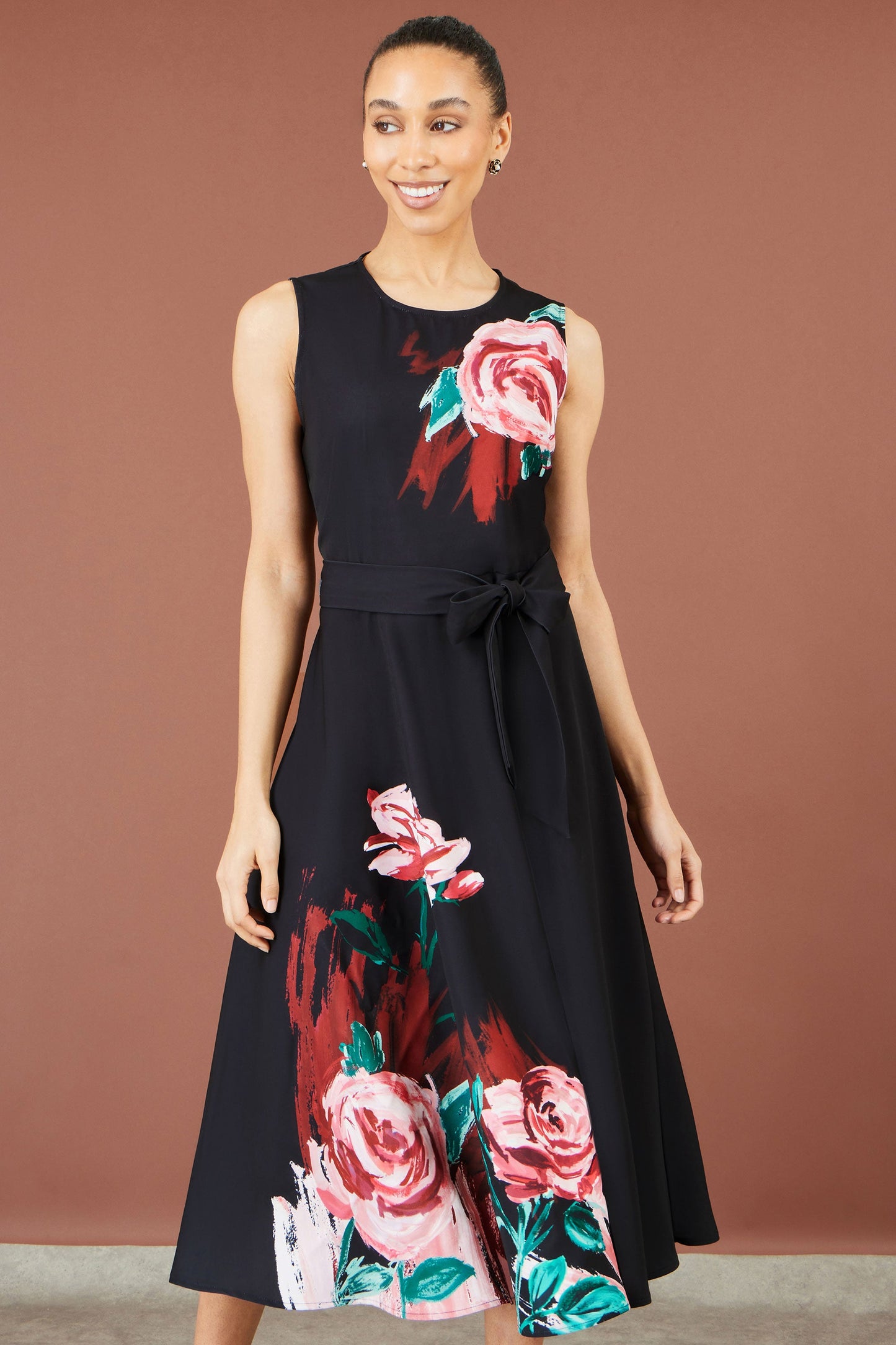Yumi Black Abstract Floral Skater Midi Dress