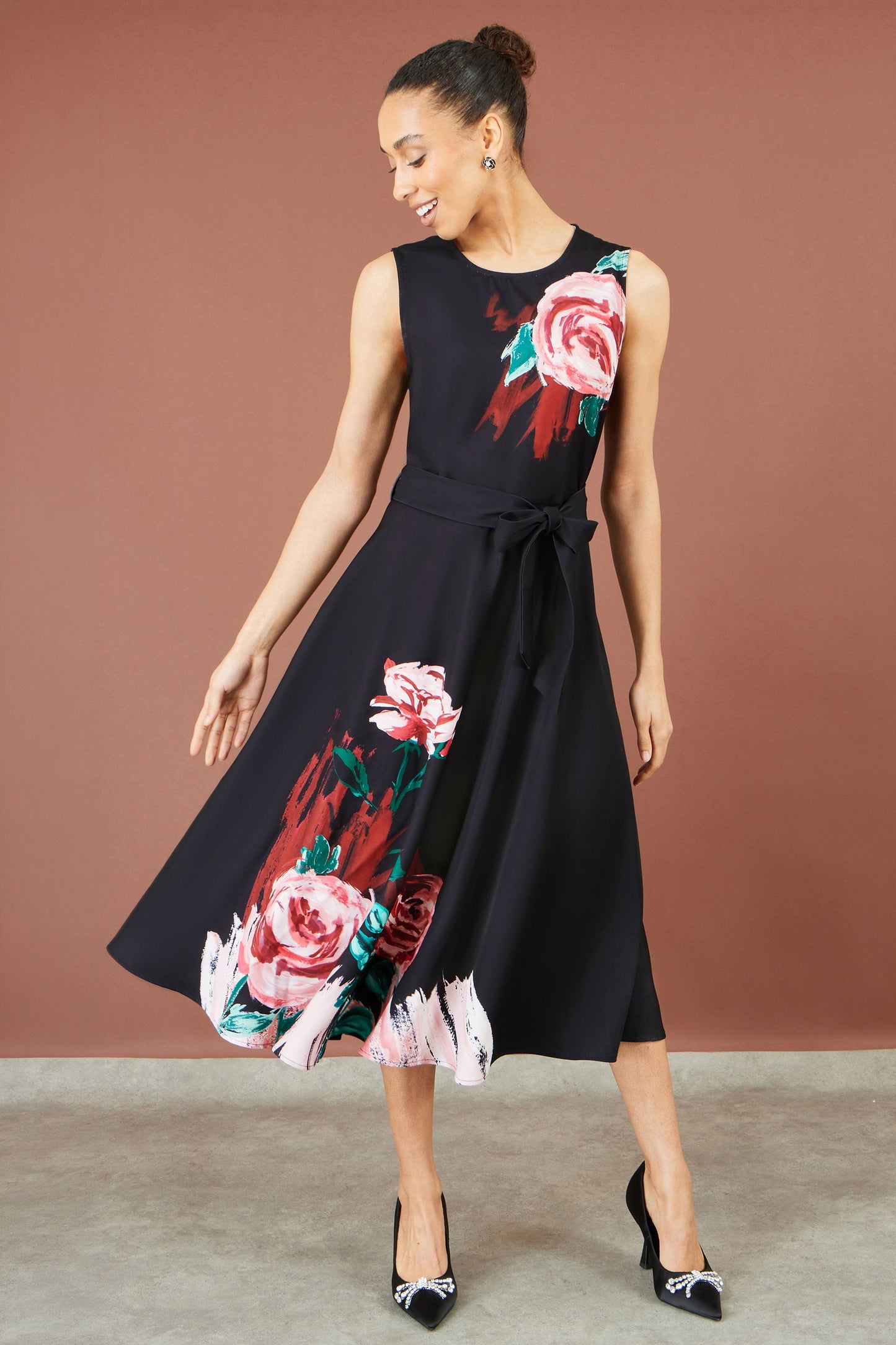 Yumi Black Abstract Floral Skater Midi Dress