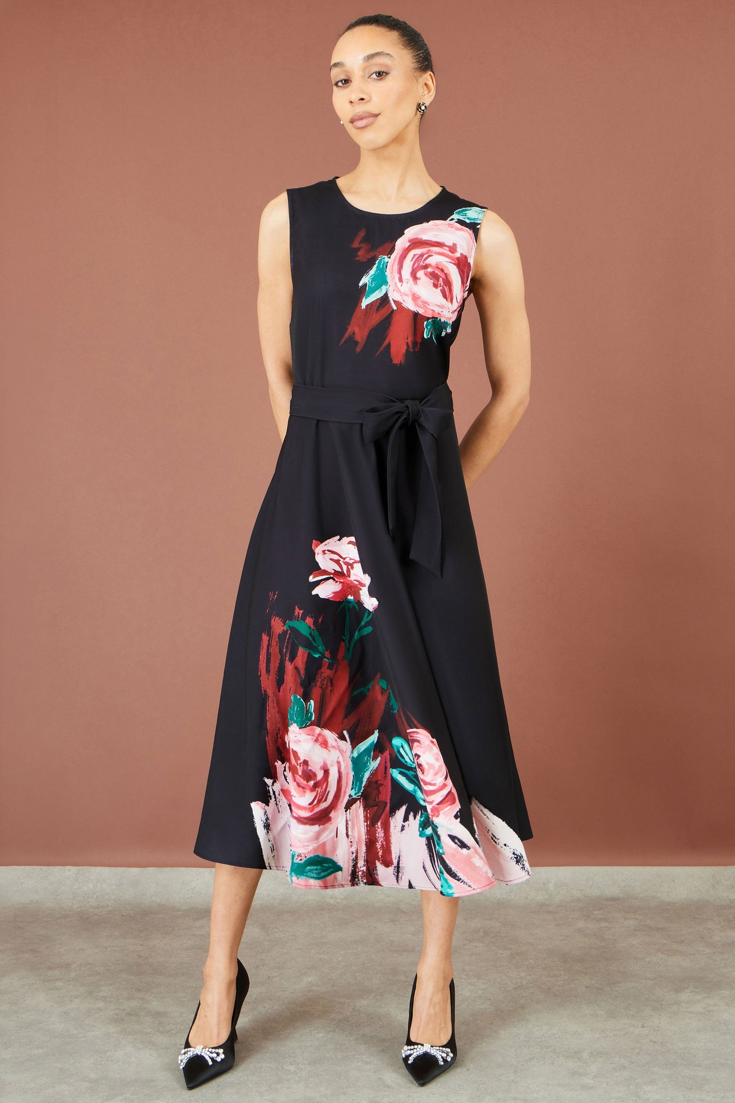 Yumi Black Abstract Floral Skater Midi Dress