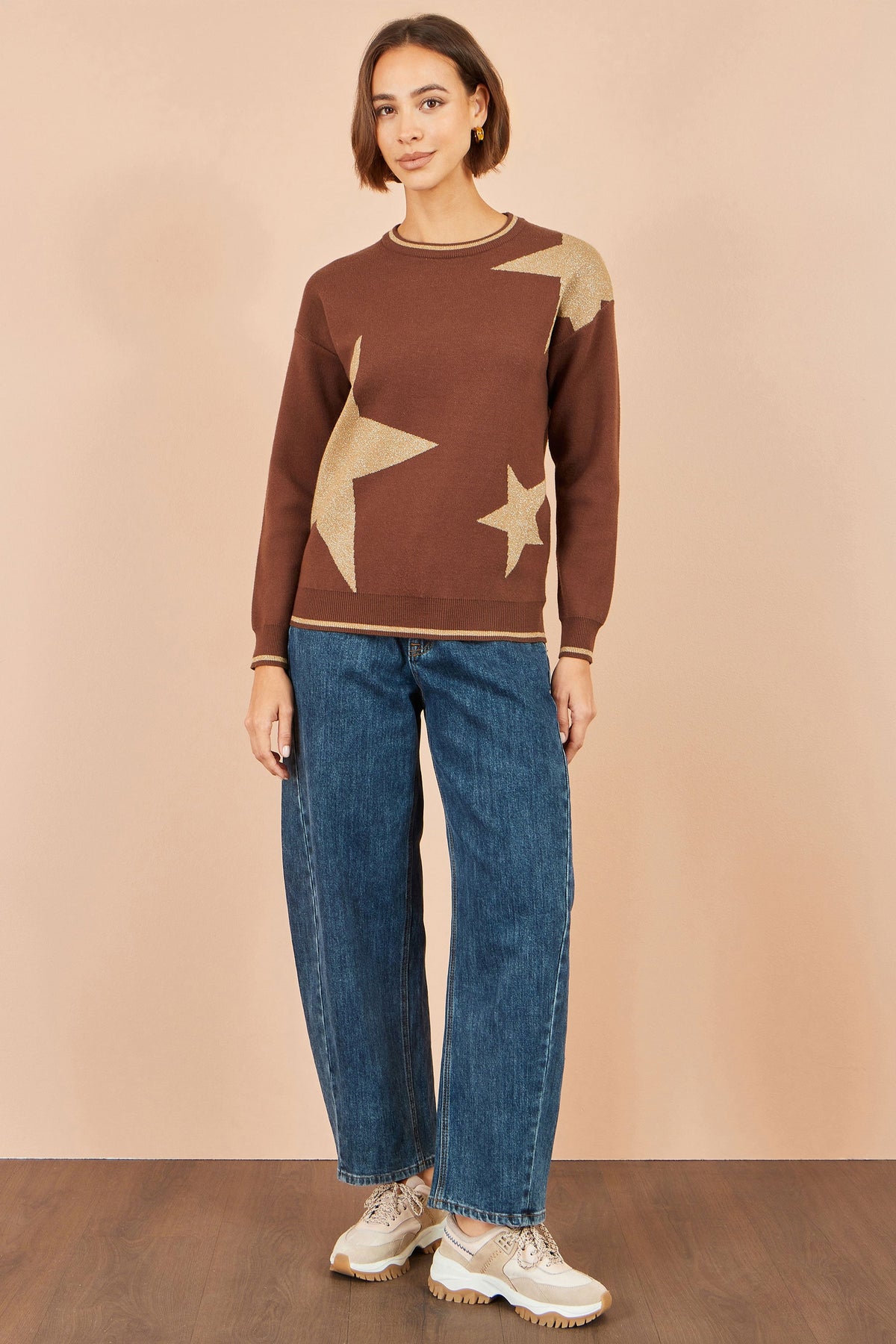 Yumi Brown Viscose Star Relaxed Jumper With Sparkle