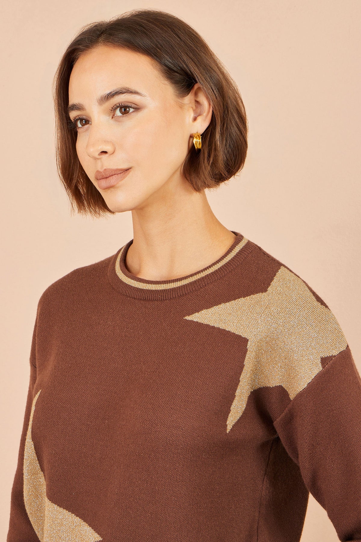 Yumi Brown Viscose Star Relaxed Jumper With Sparkle