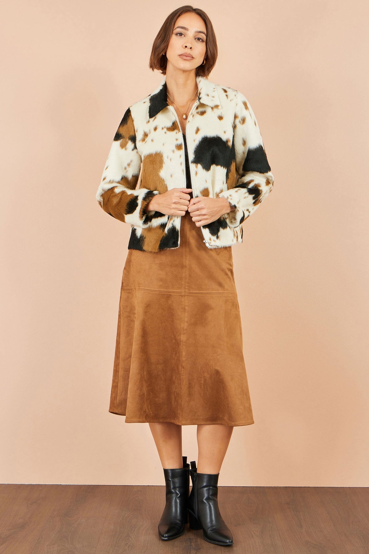Yumi Brown Cow Print Faux Fur Zip Jacket