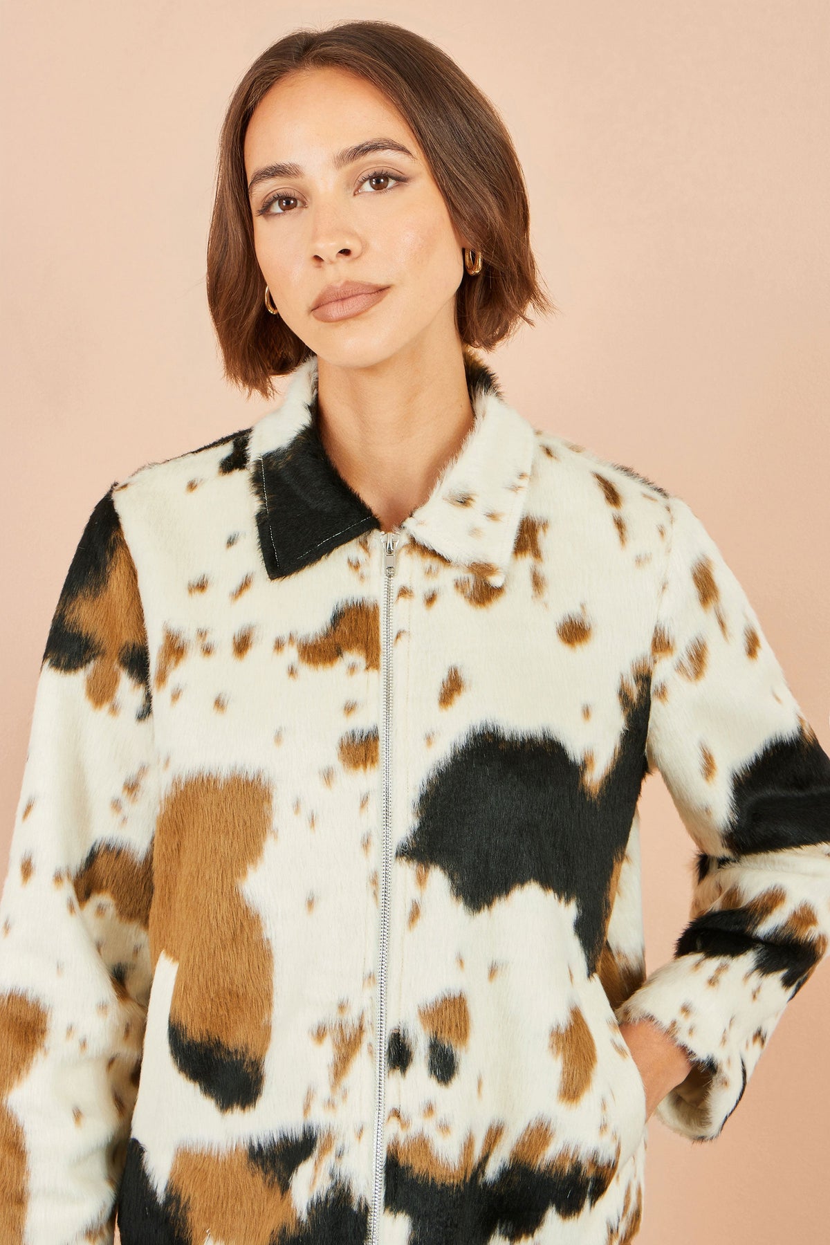 Yumi Brown Cow Print Faux Fur Zip Jacket