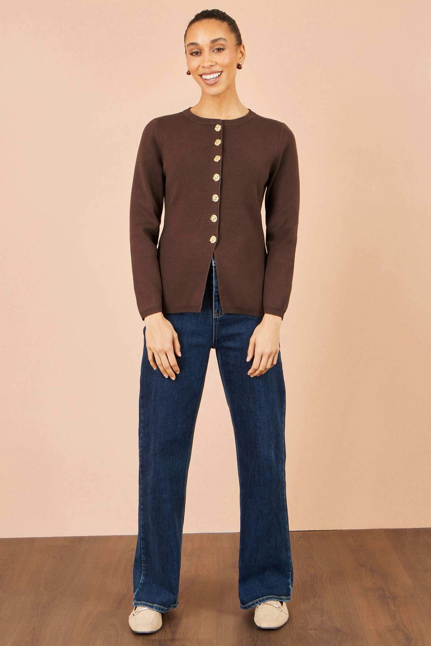 Yumi Brown Knitted Fitted Peplum Cardigan