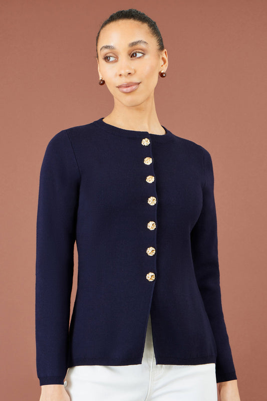 Yumi Navy Knitted Fitted Peplum Cardigan