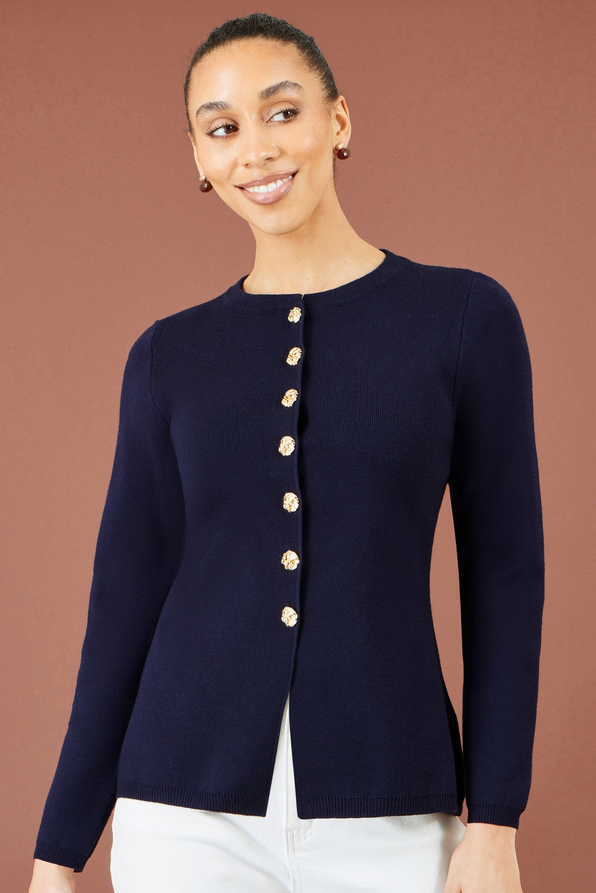 Yumi Navy Knitted Fitted Peplum Cardigan