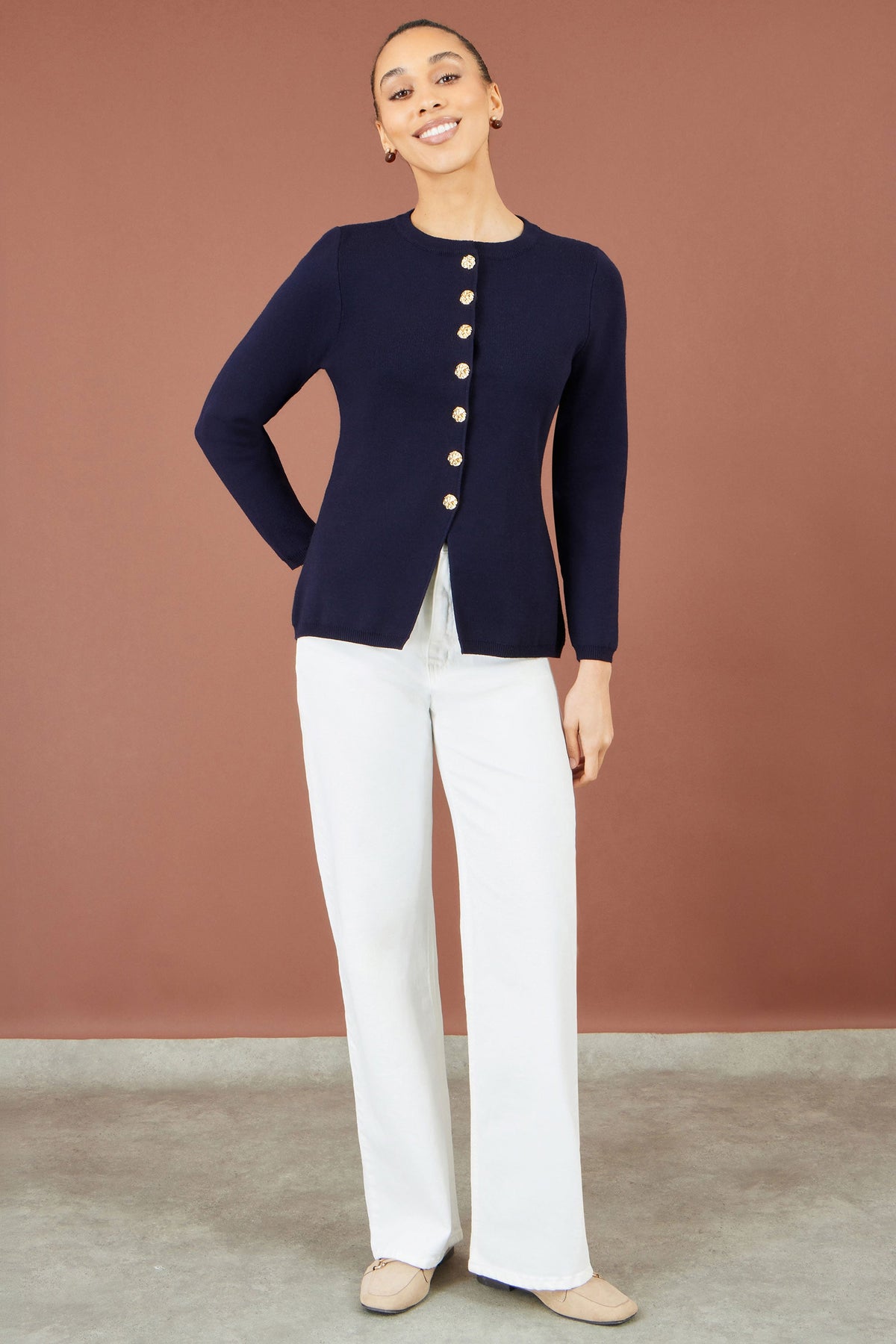 Yumi Navy Knitted Fitted Peplum Cardigan