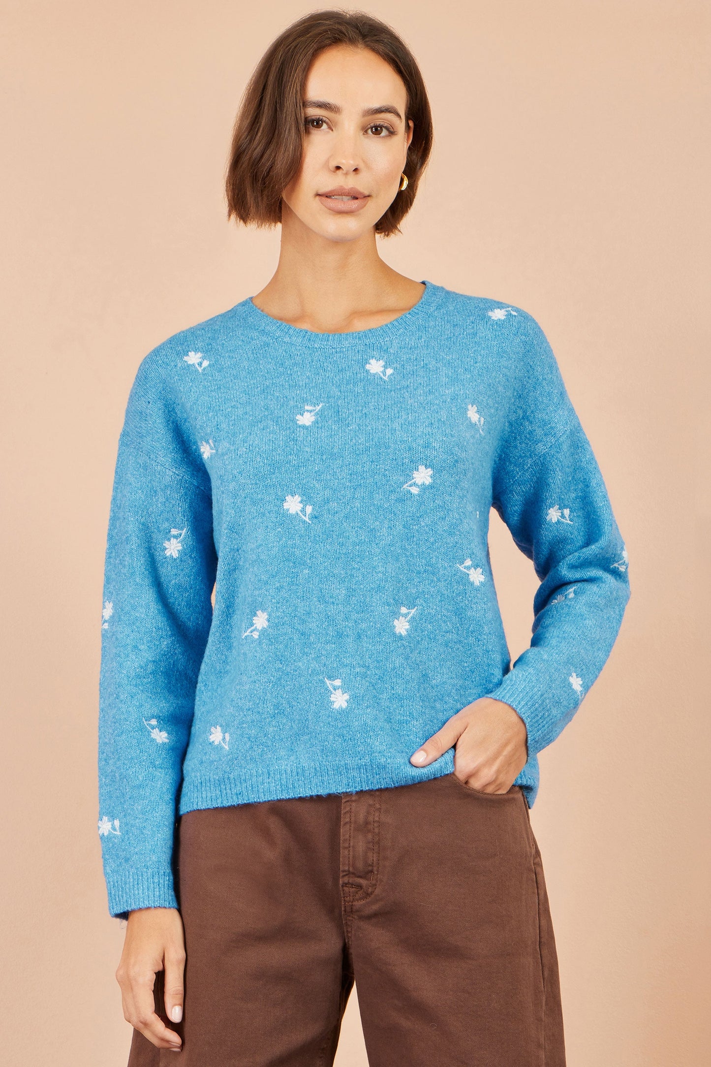 Yumi Blue Daisy Embroidered Relaxed Jumper