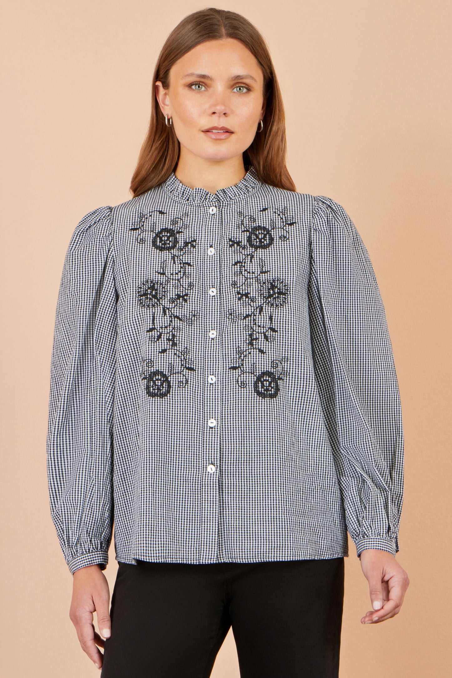 Yumi Black Cotton Gingham Embroidered Shirt