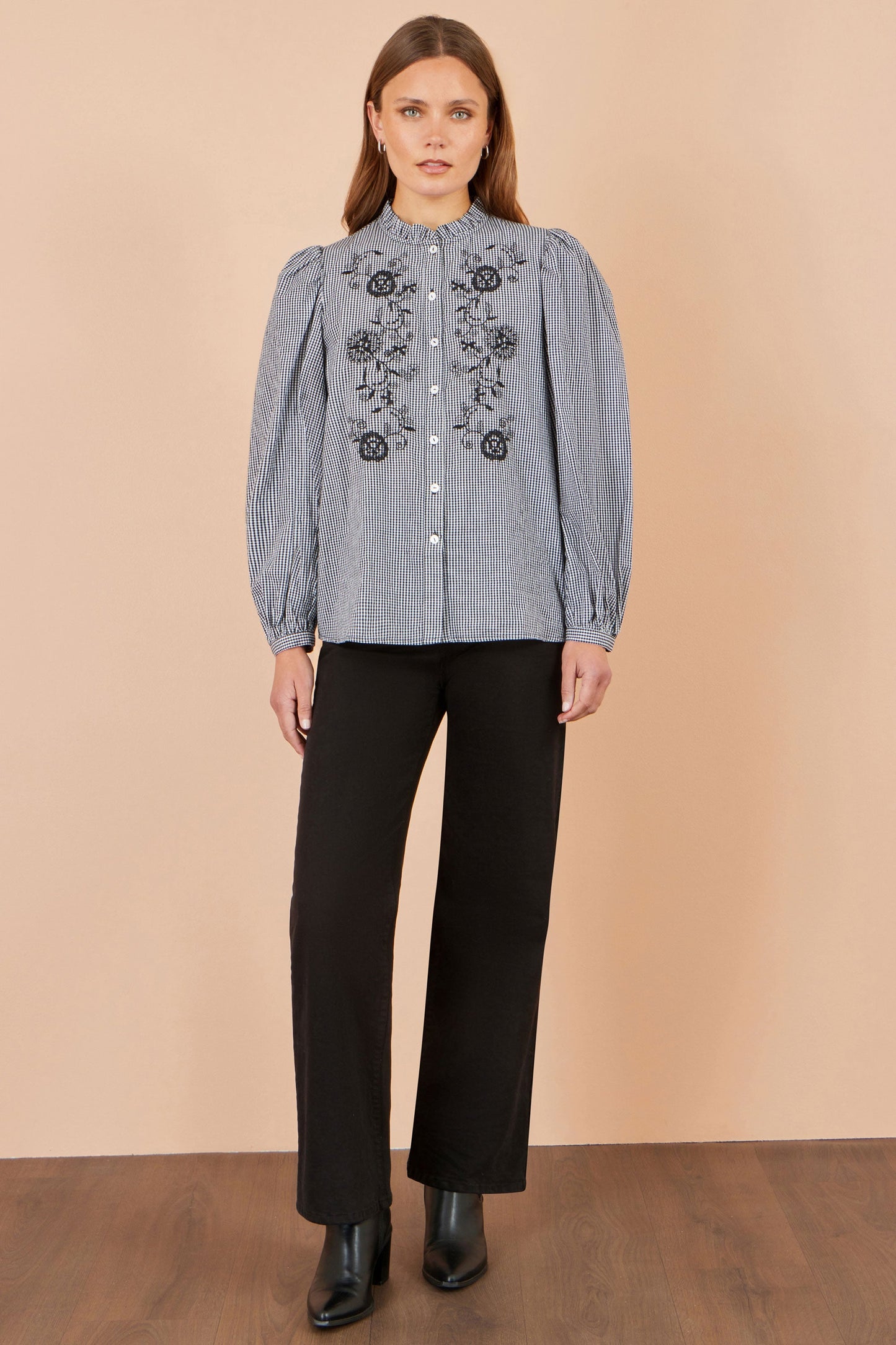 Yumi Black Cotton Gingham Embroidered Shirt