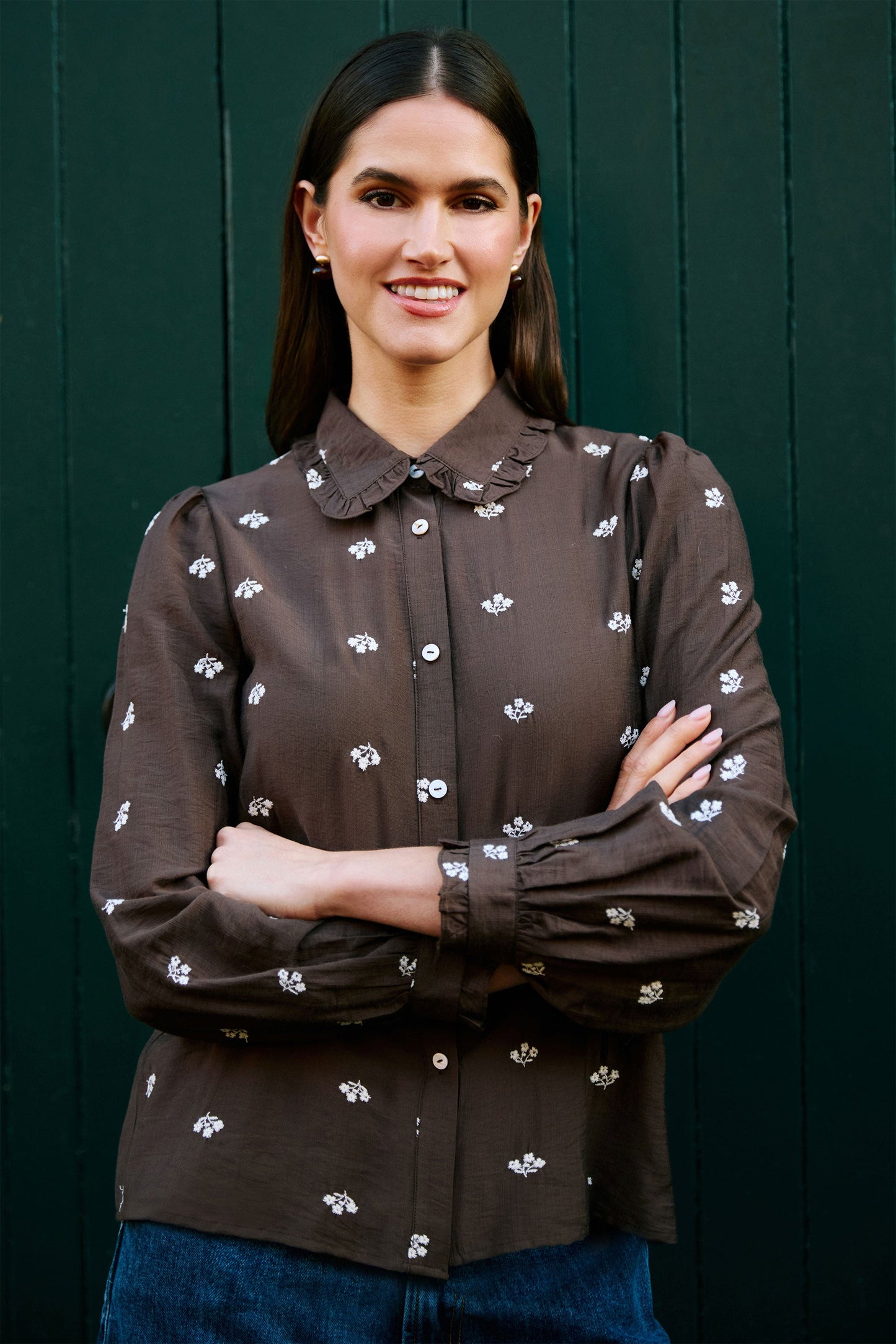 Yumi Brown Viscose Daisy Embroidered Shirt