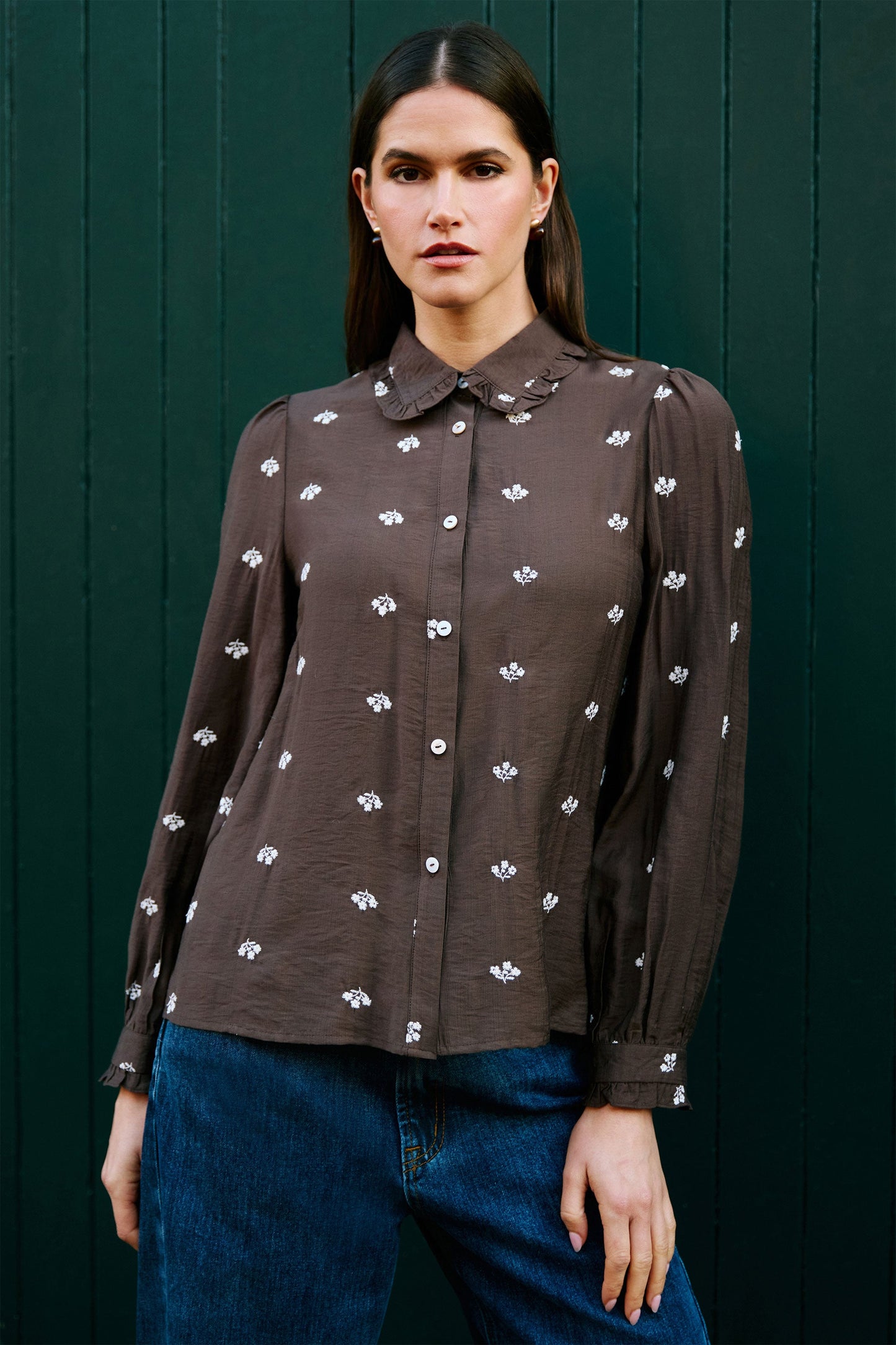 Yumi Brown Viscose Daisy Embroidered Shirt