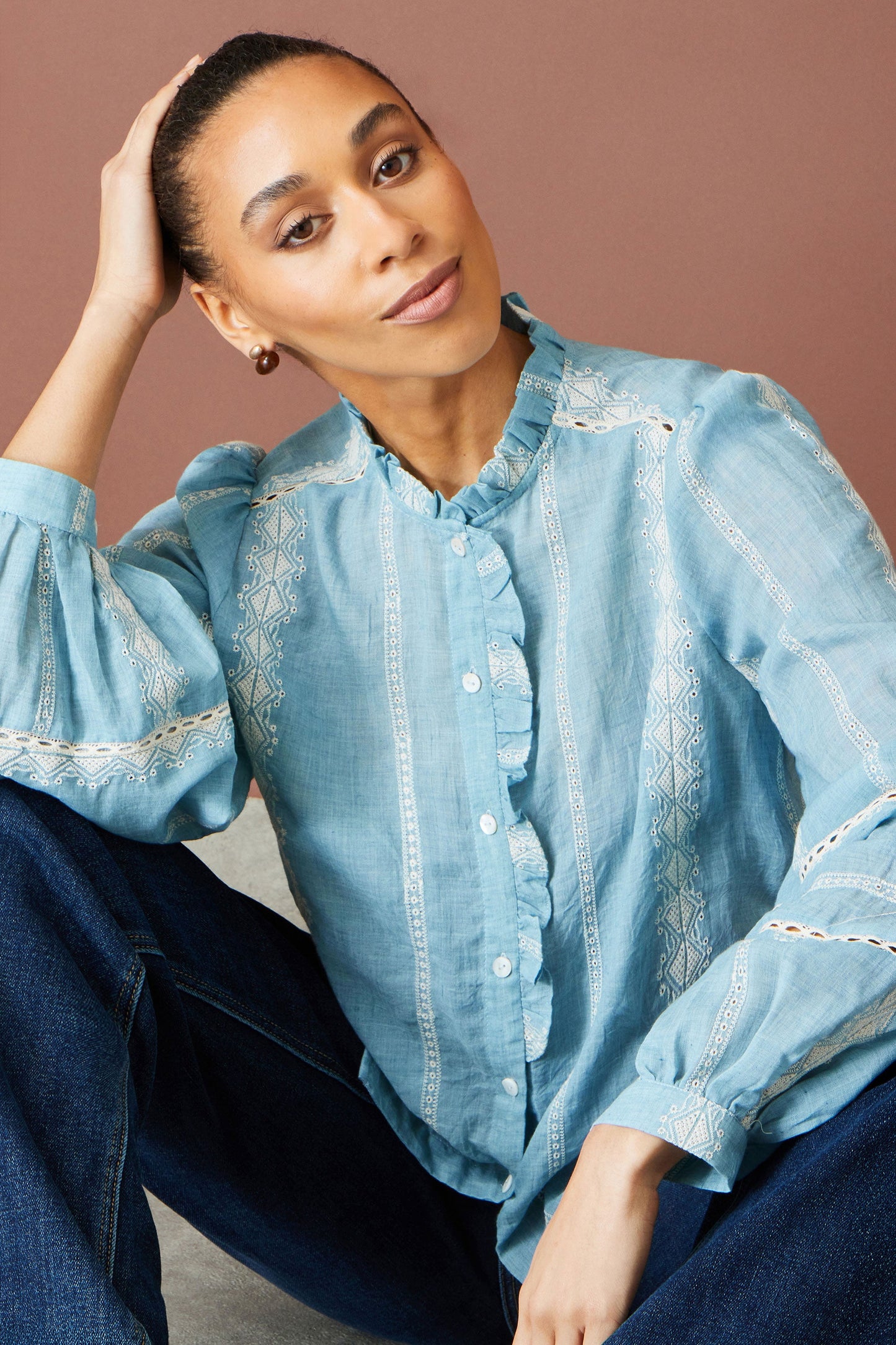 Yumi Blue Cotton Embroidered Panel Shirt