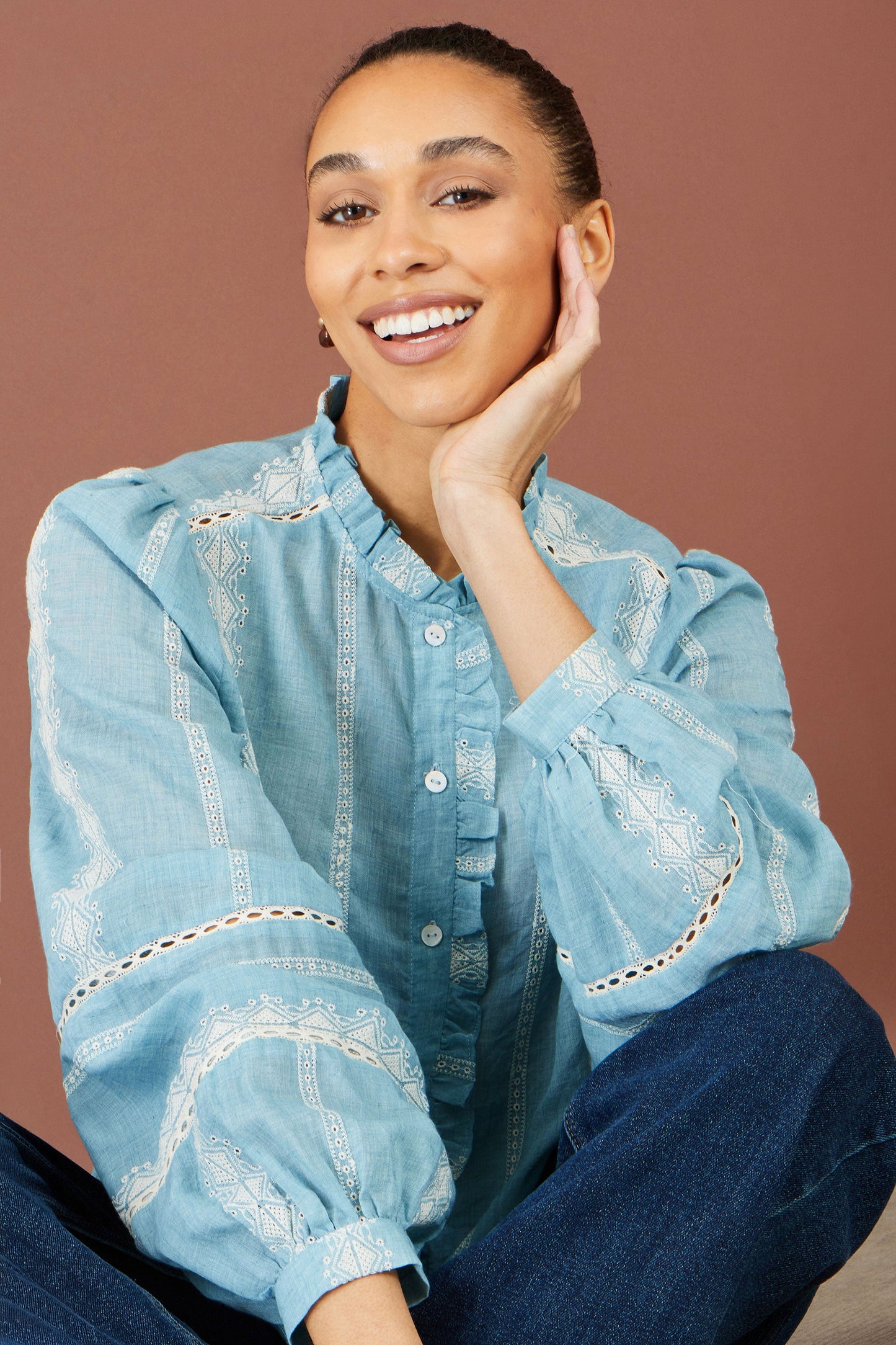 Yumi Blue Cotton Embroidered Panel Shirt